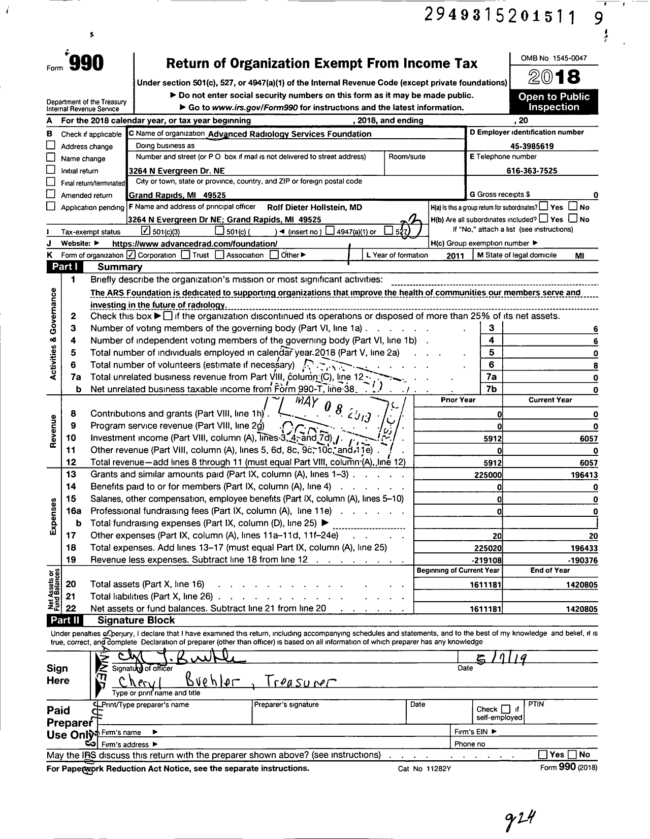 Image of first page of 2018 Form 990 for Advanced Radiology Services Foundation