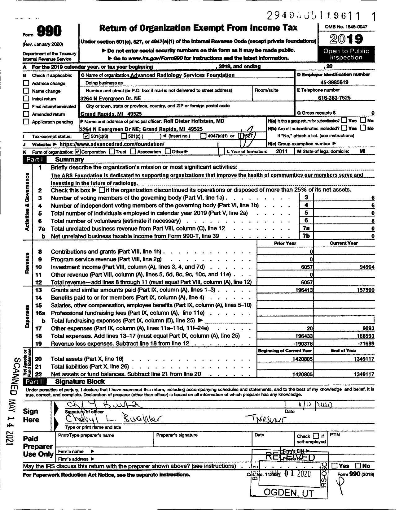 Image of first page of 2019 Form 990 for Advanced Radiology Services Foundation