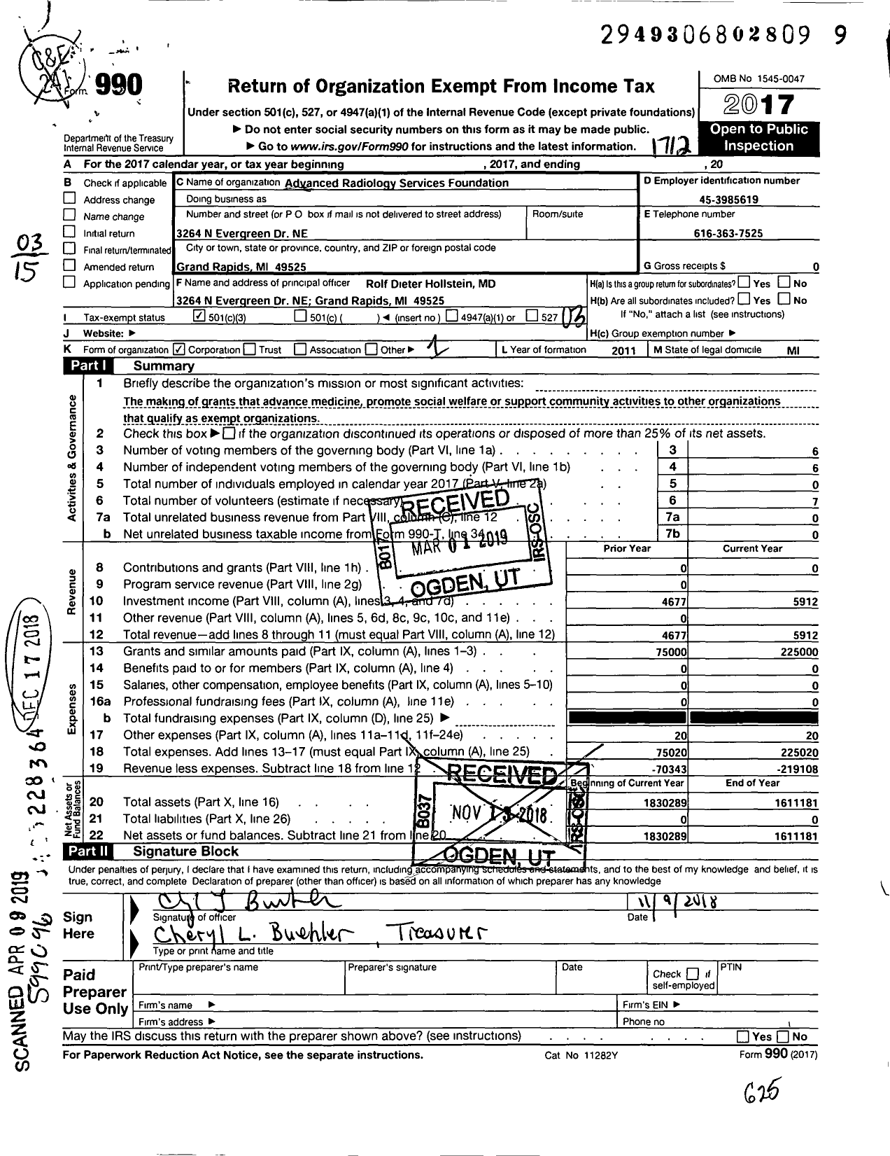 Image of first page of 2017 Form 990 for Advanced Radiology Services Foundation