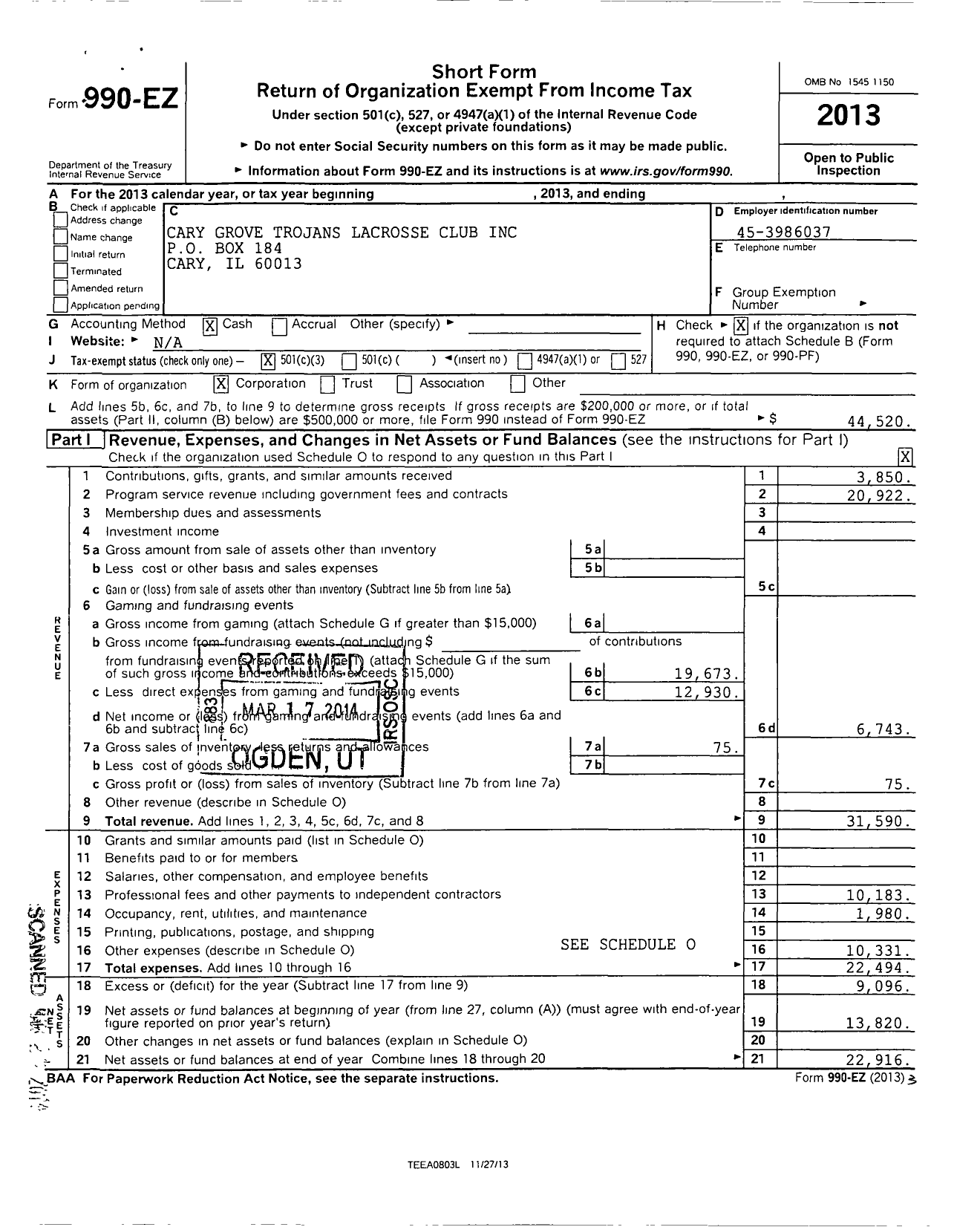 Image of first page of 2013 Form 990EZ for Cary Grove Trojans Lacrosse Club