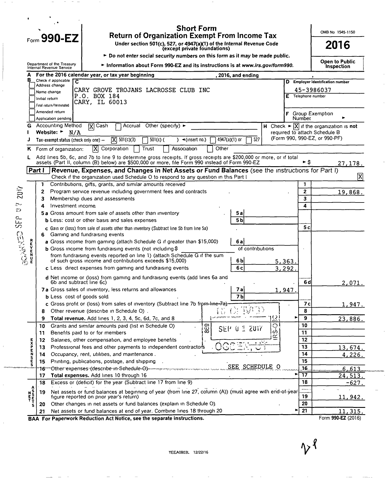 Image of first page of 2016 Form 990EZ for Cary Grove Trojans Lacrosse Club