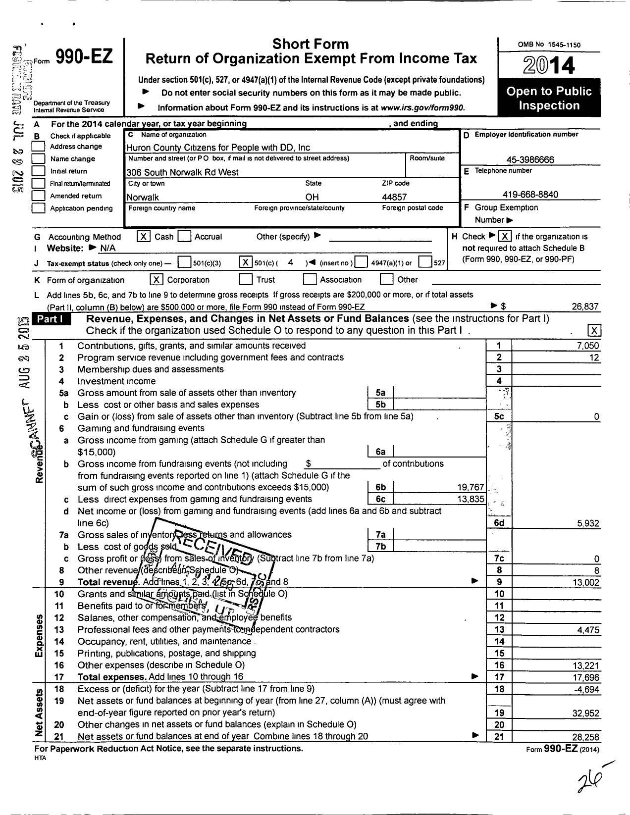 Image of first page of 2014 Form 990EO for Huron County Citizens for People with DD