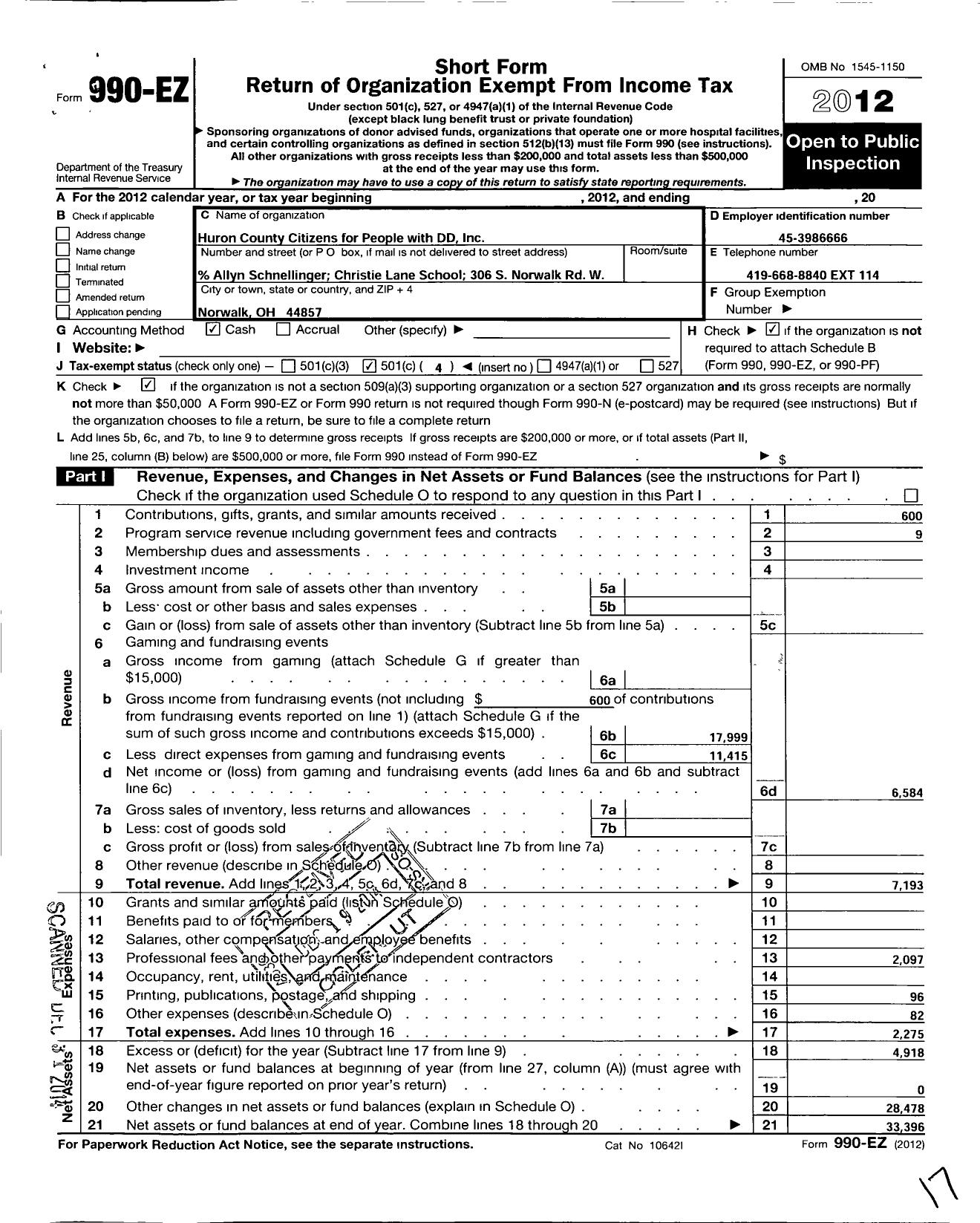 Image of first page of 2012 Form 990EO for Huron County Citizens for People with DD