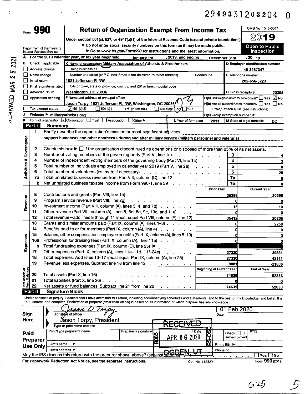 Image of first page of 2019 Form 990 for Military Association of Atheists and Freethinkers