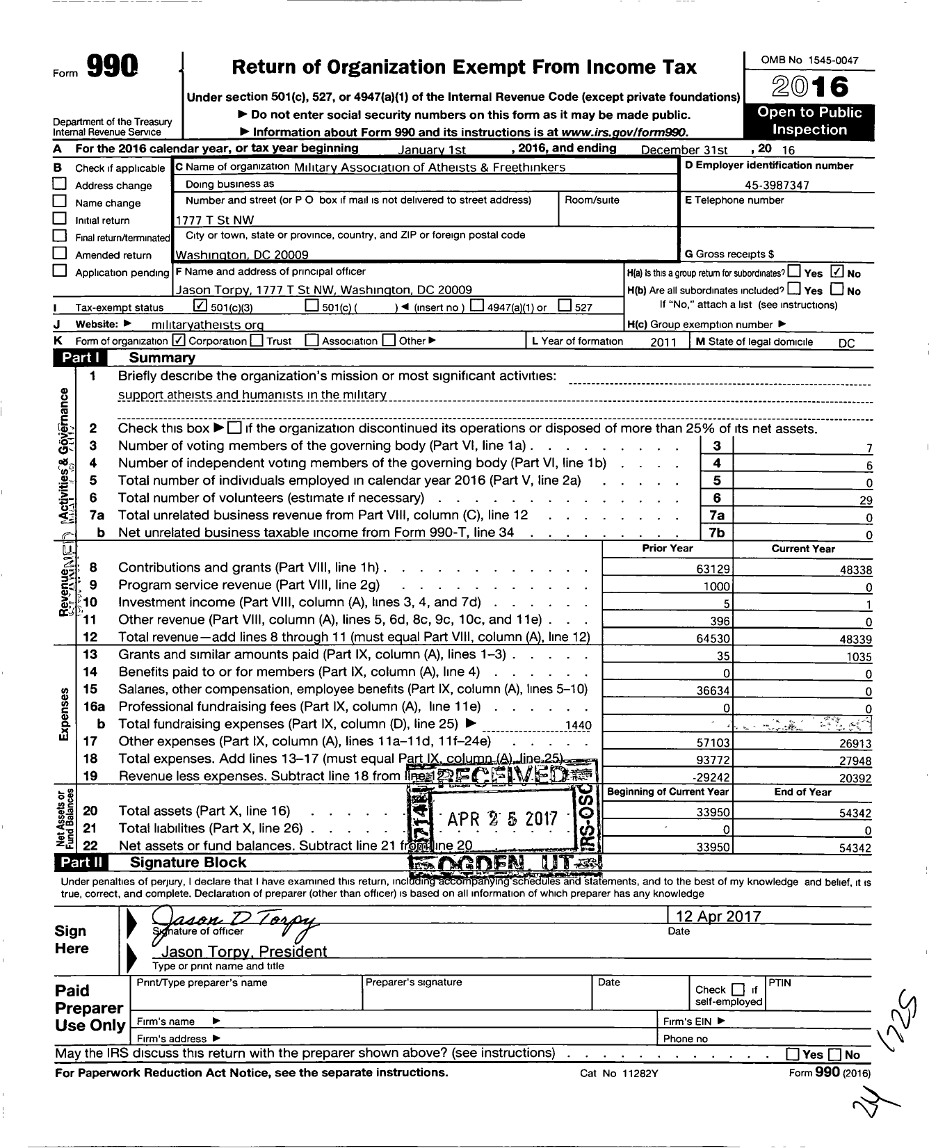 Image of first page of 2016 Form 990 for Military Association of Atheists and Freethinkers