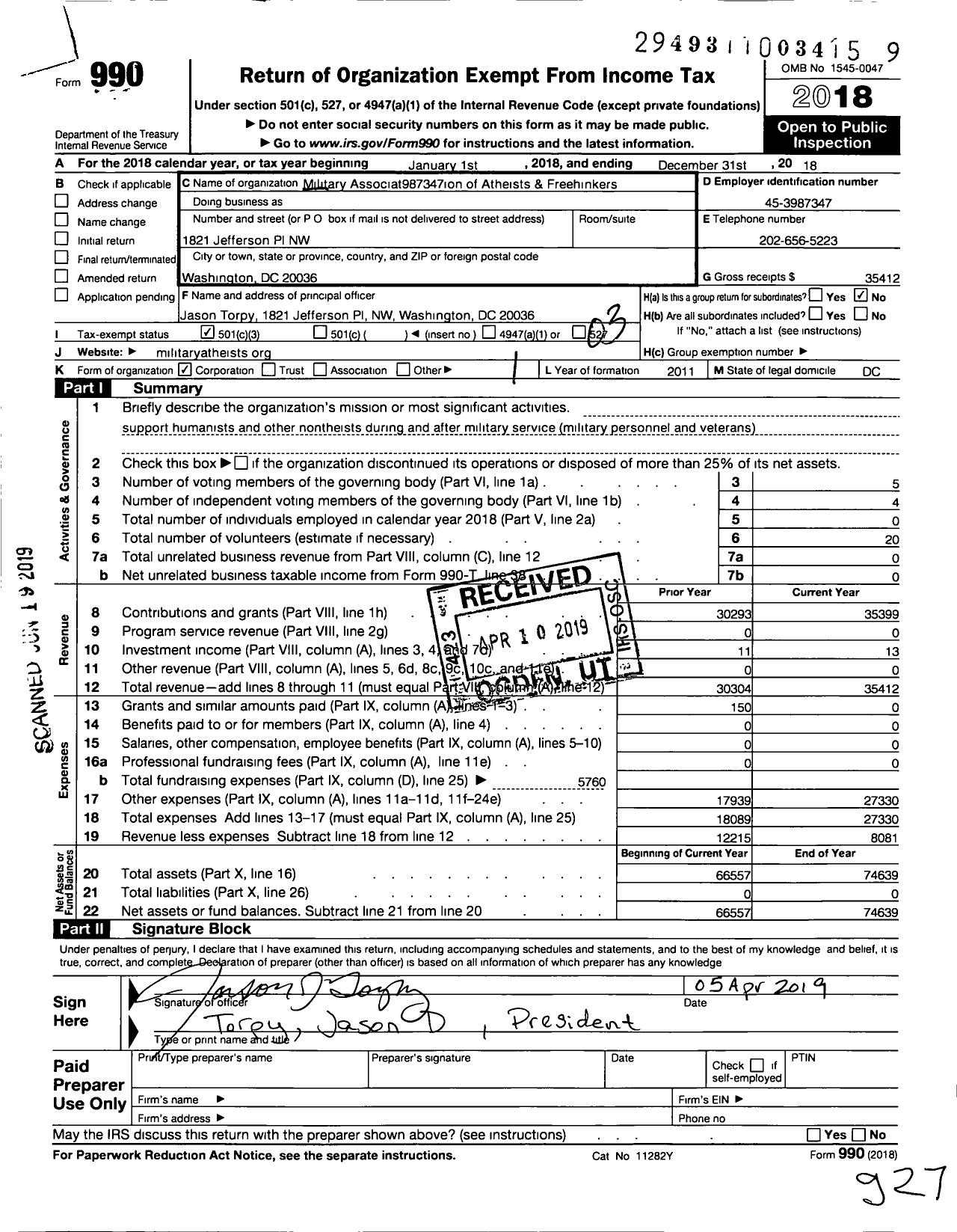 Image of first page of 2018 Form 990 for Military Association of Atheists and Freethinkers