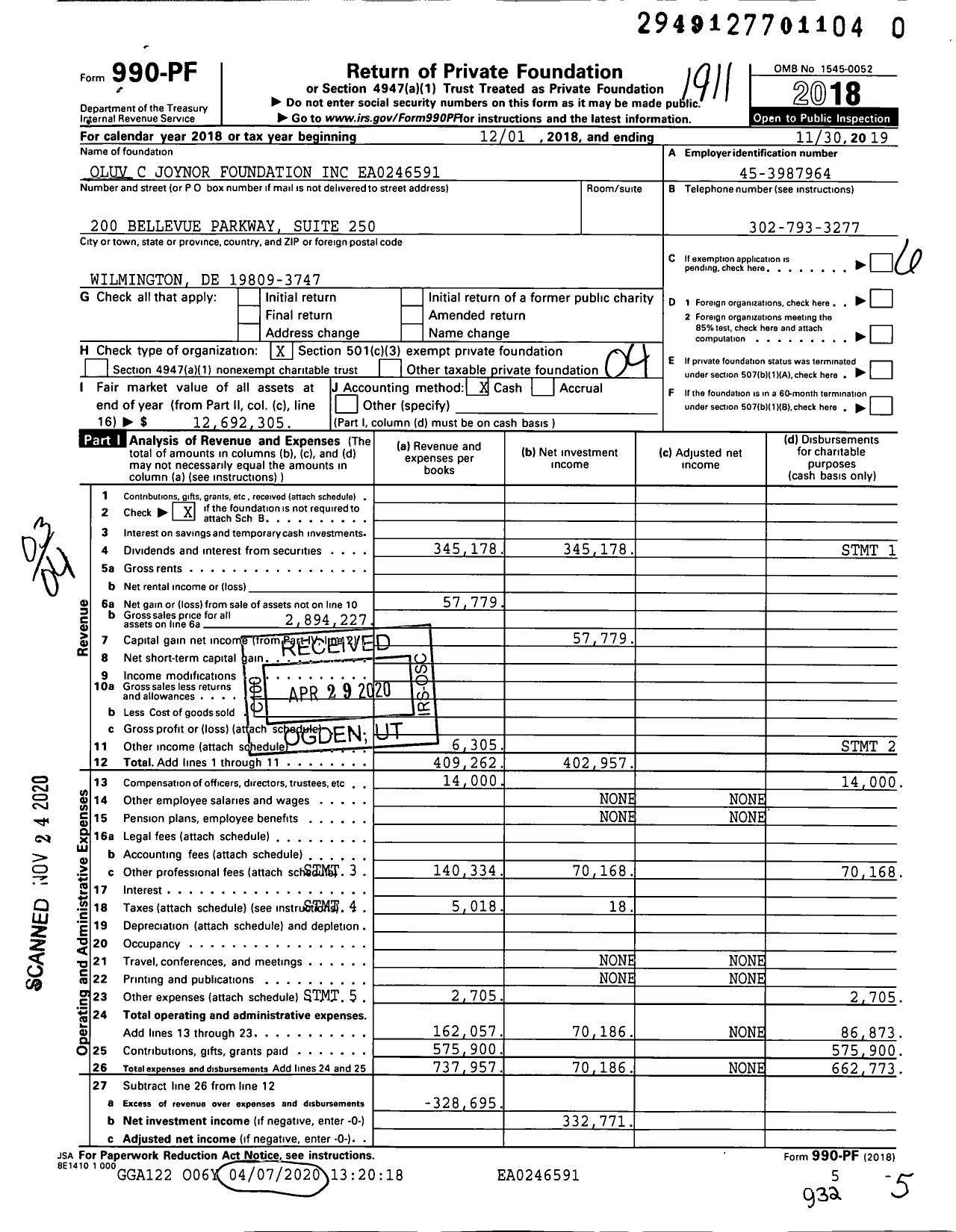 Image of first page of 2018 Form 990PF for Oluv C Joynor Foundation