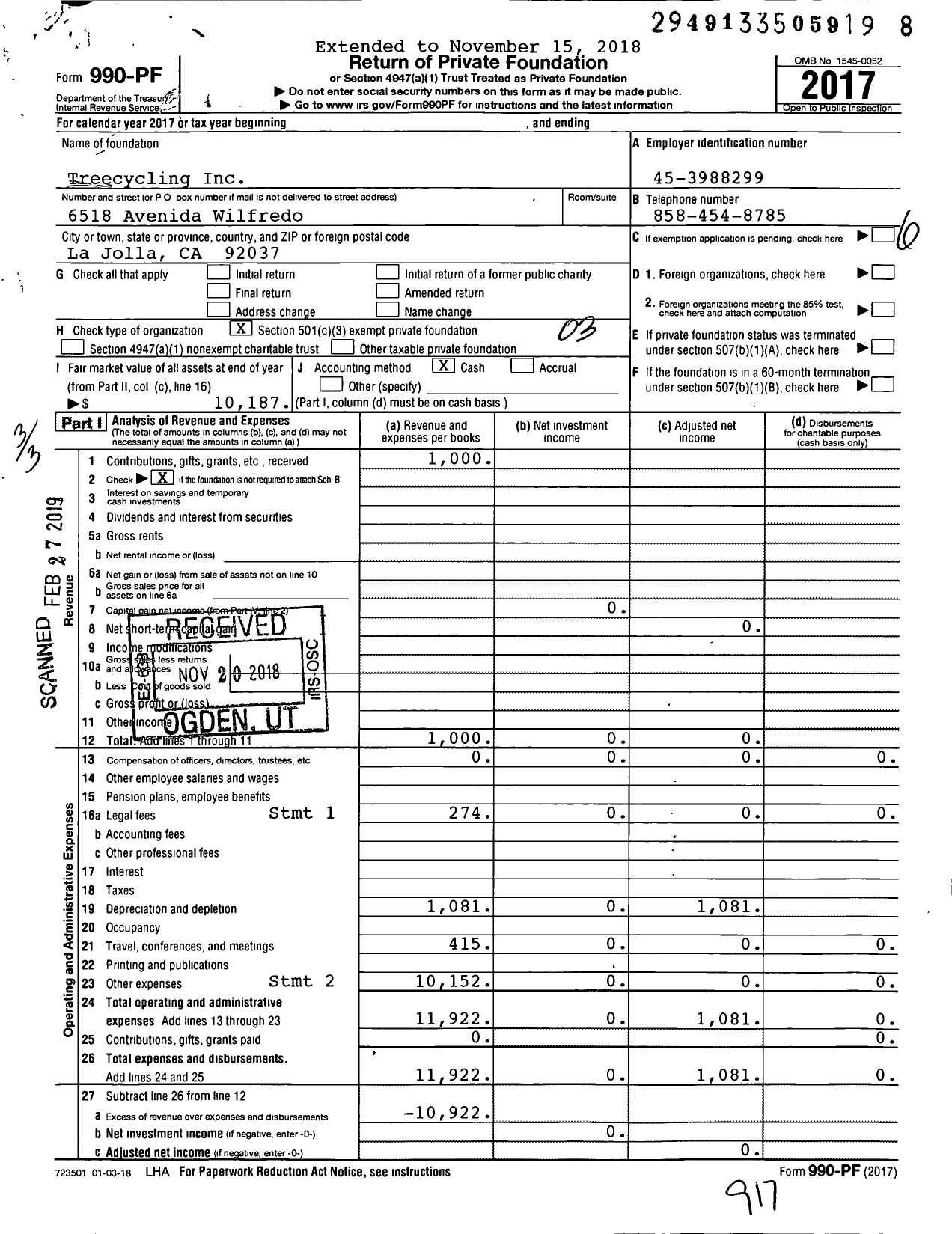 Image of first page of 2017 Form 990PF for Treecycling