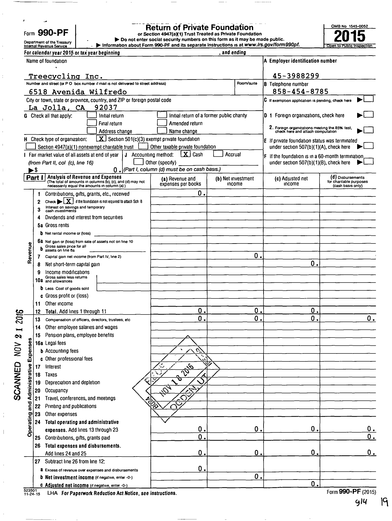 Image of first page of 2015 Form 990PF for Treecycling