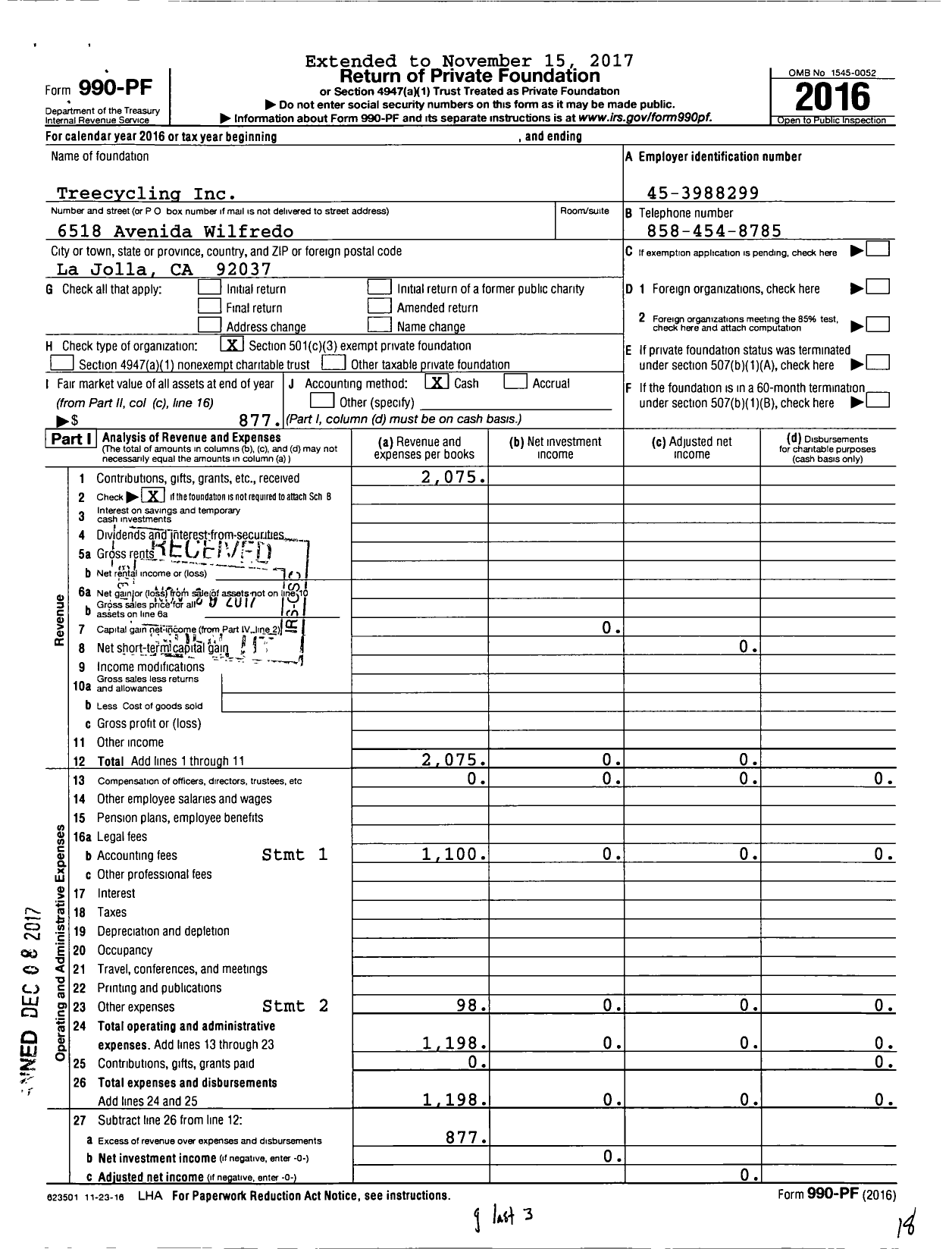 Image of first page of 2016 Form 990PF for Treecycling