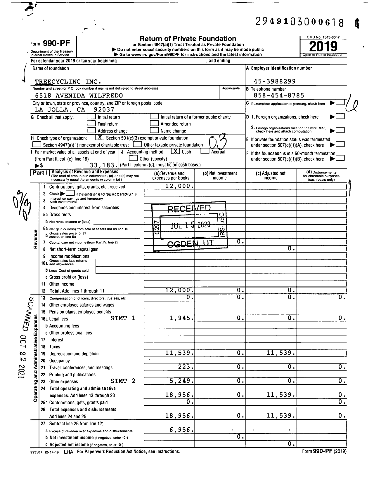 Image of first page of 2019 Form 990PF for Treecycling