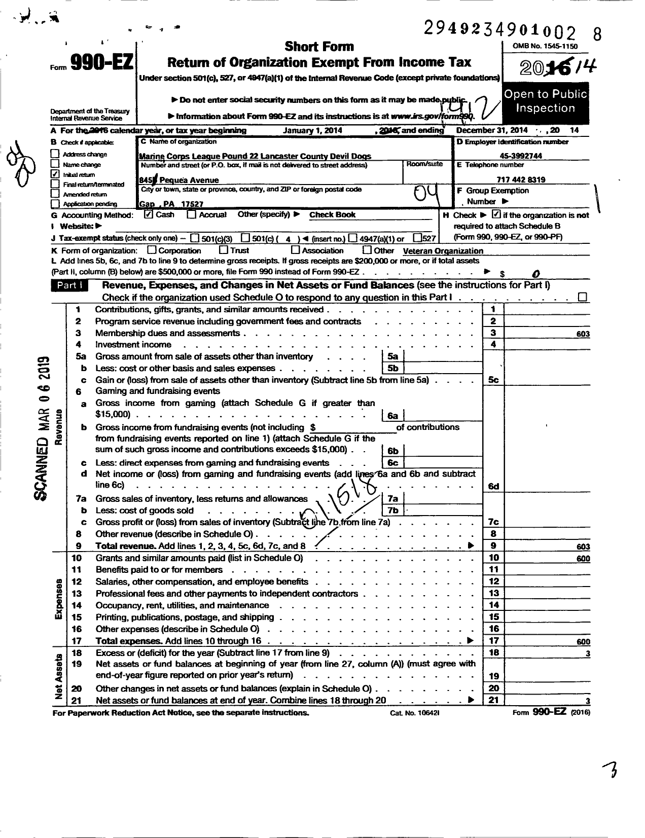 Image of first page of 2014 Form 990EO for Marine Corps League