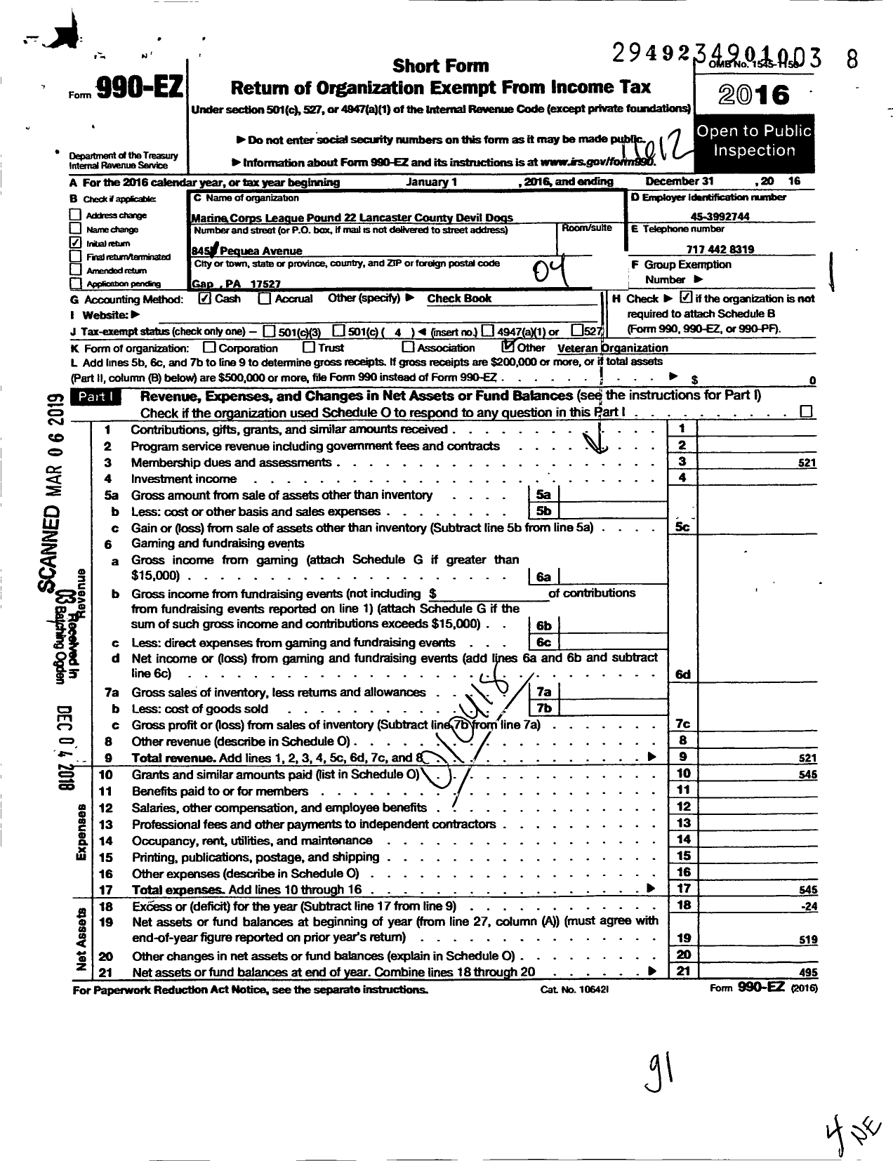 Image of first page of 2016 Form 990EO for Marine Corps League