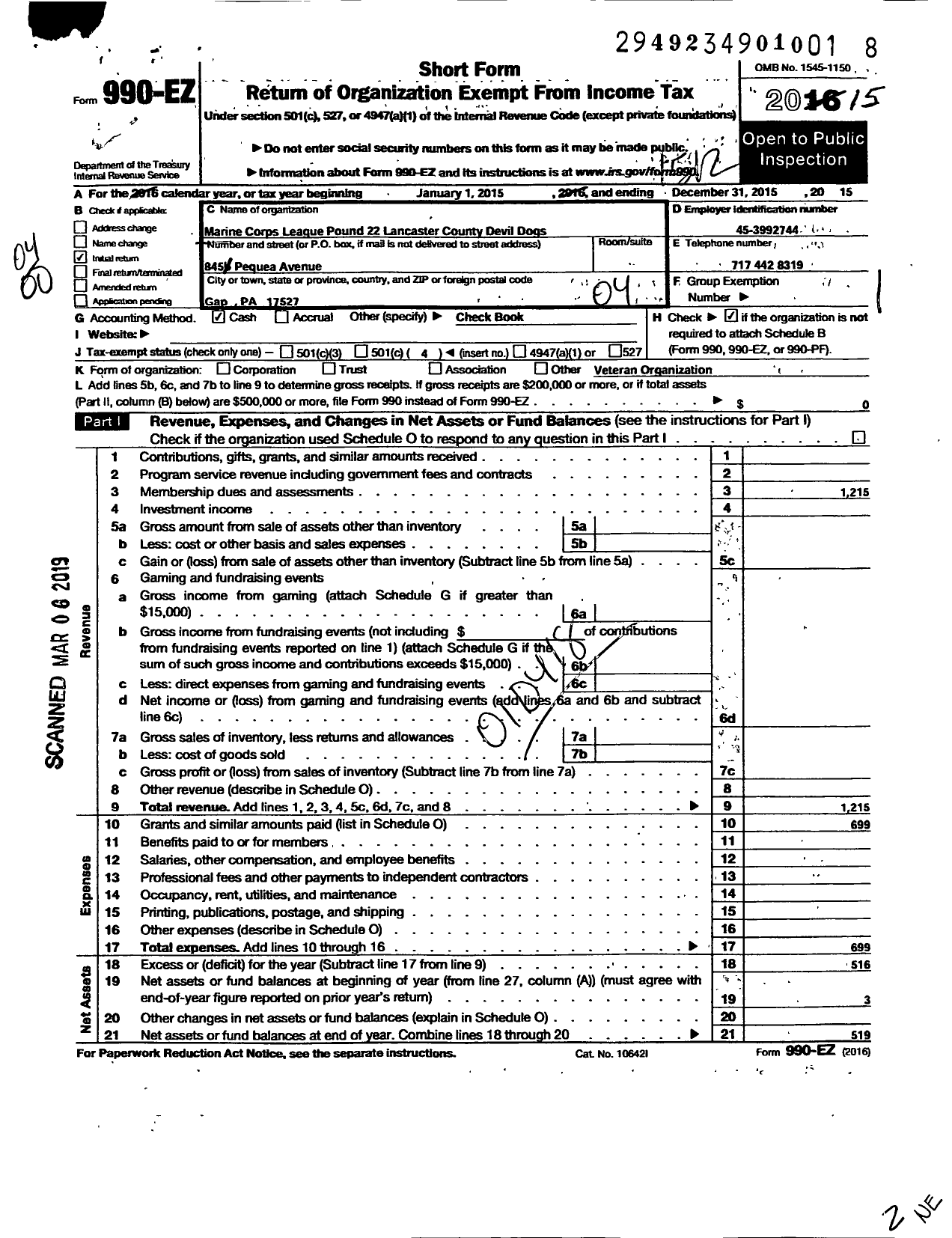 Image of first page of 2015 Form 990EO for Marine Corps League