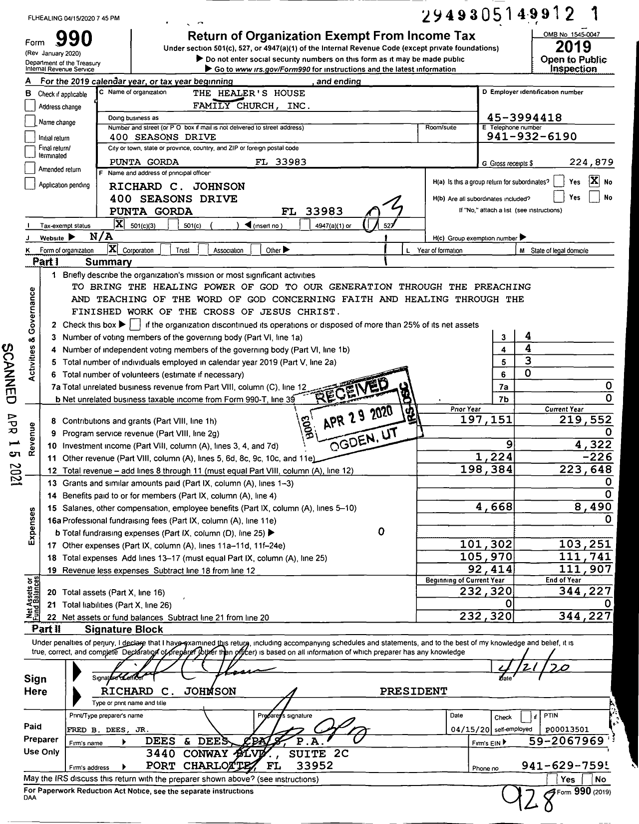 Image of first page of 2019 Form 990 for The Healer's House Family Church