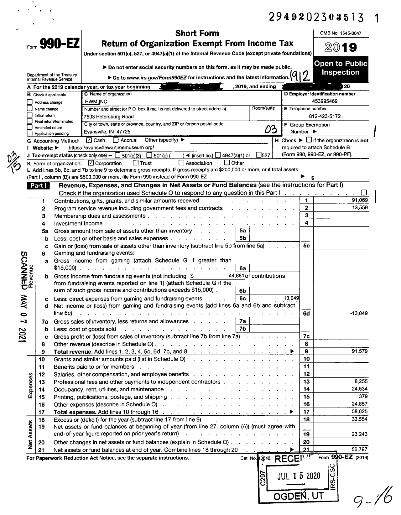 Image of first page of 2019 Form 990EZ for Evansville Wartime Museum