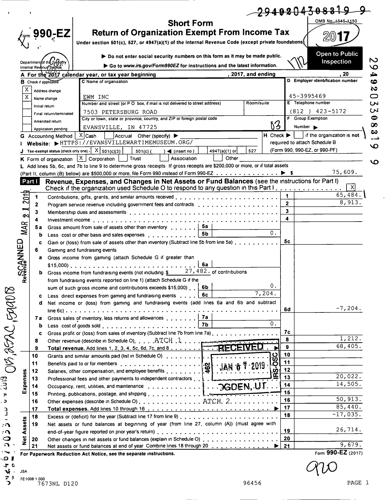 Image of first page of 2017 Form 990EZ for Evansville Wartime Museum