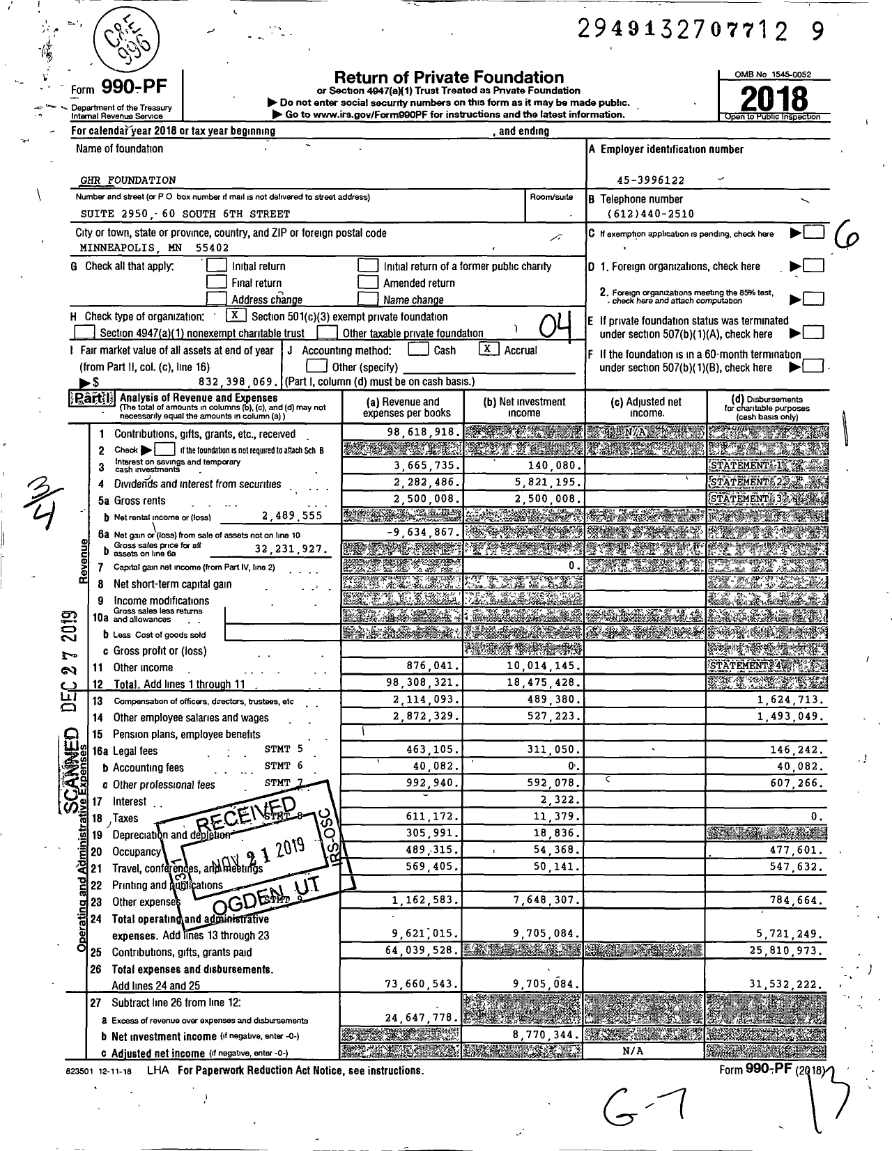 Image of first page of 2018 Form 990PF for GHR Foundation