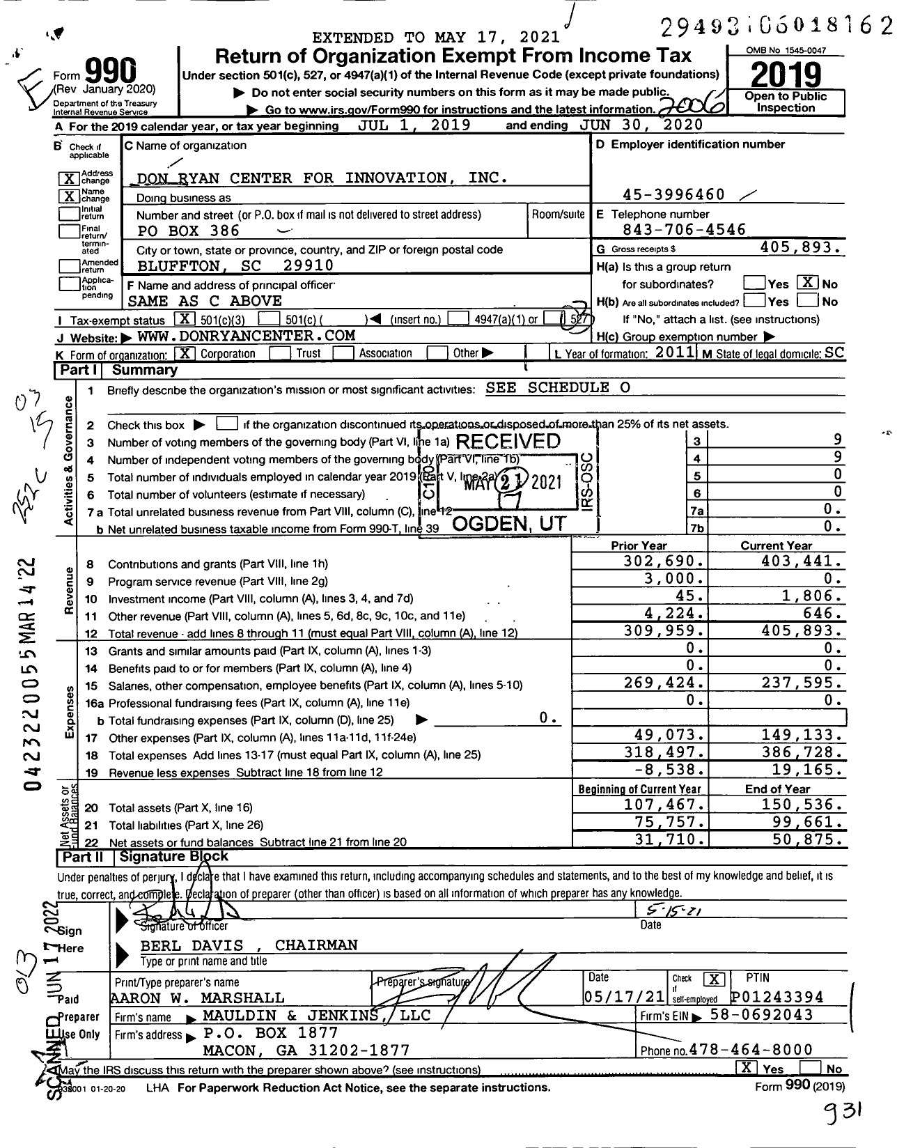 Image of first page of 2019 Form 990 for Don Ryan Center for Innovation