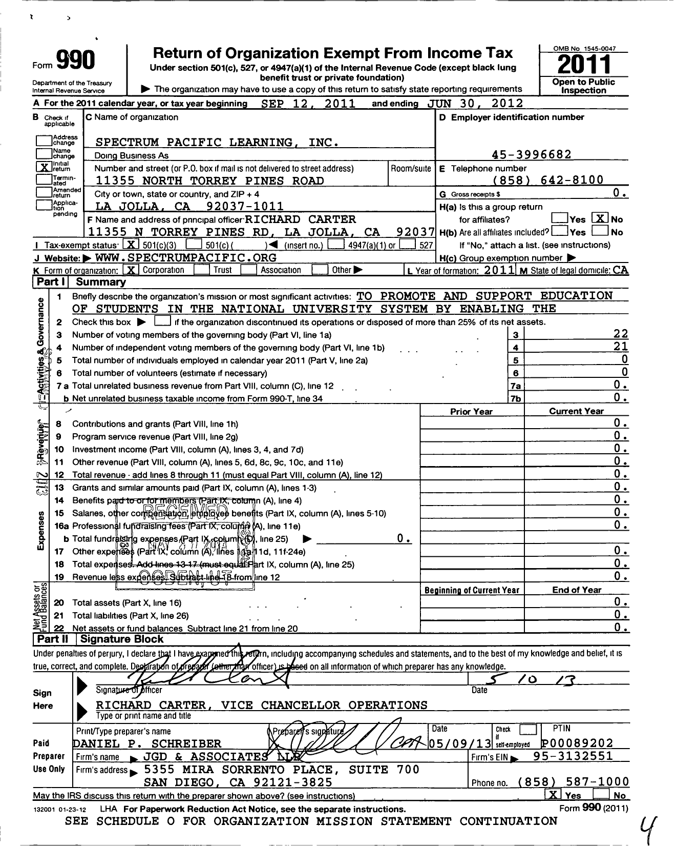 Image of first page of 2011 Form 990 for Spectrum Pacific Learning