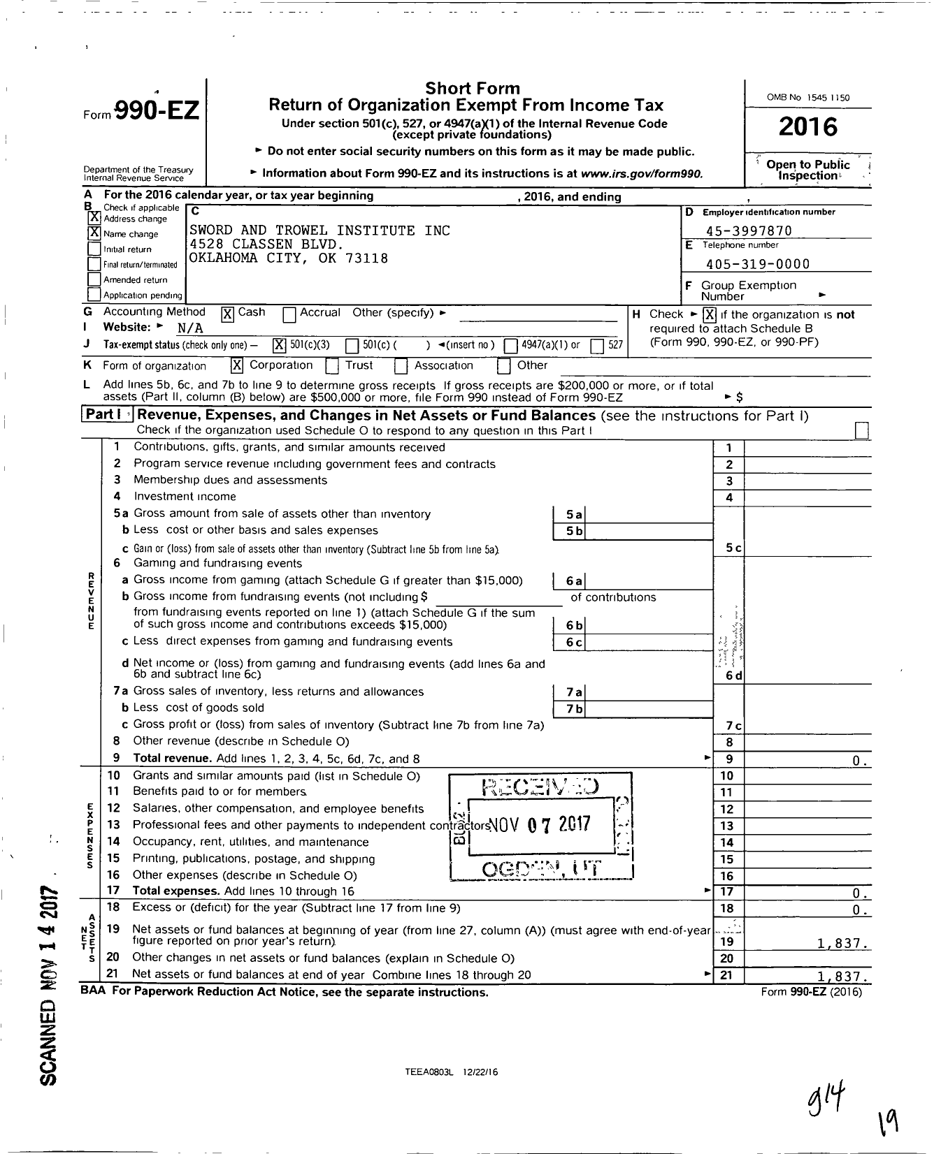 Image of first page of 2016 Form 990EZ for Sword and Trowel Institute