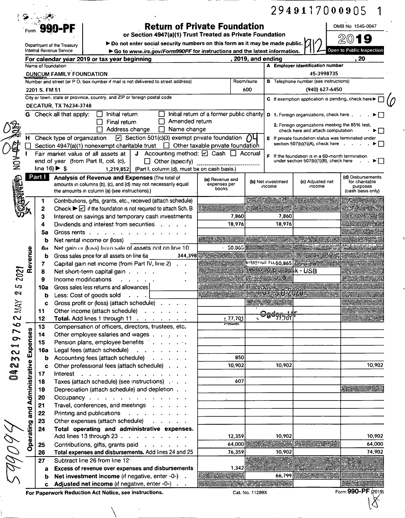 Image of first page of 2019 Form 990PF for Duncum Family Foundation