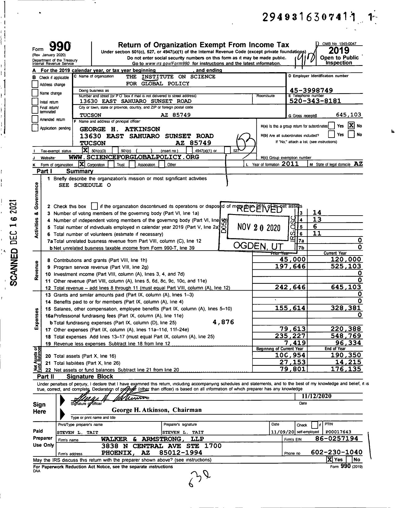 Image of first page of 2019 Form 990 for The Institute on Science for Global Policy