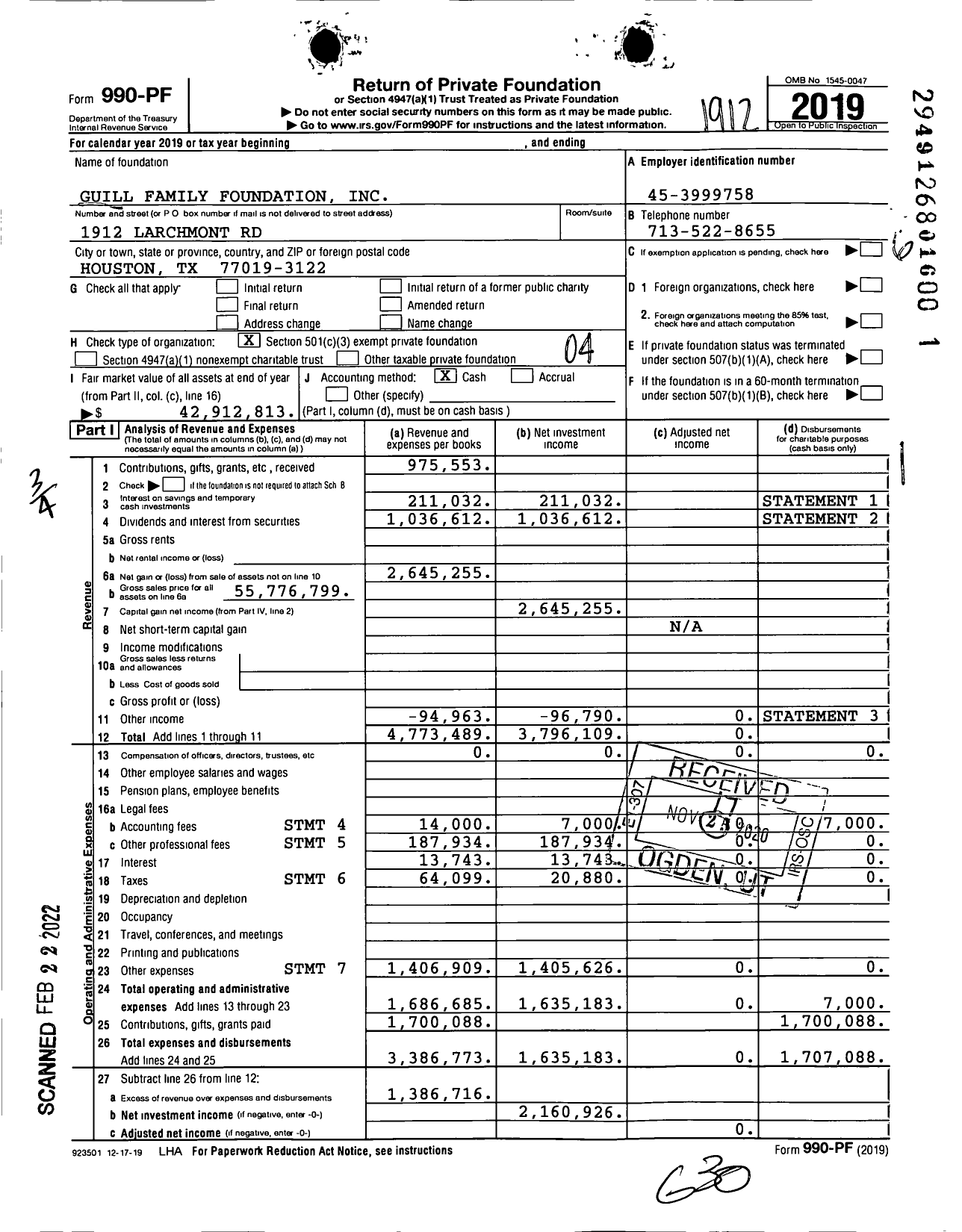 Image of first page of 2019 Form 990PF for Guill Family Foundation