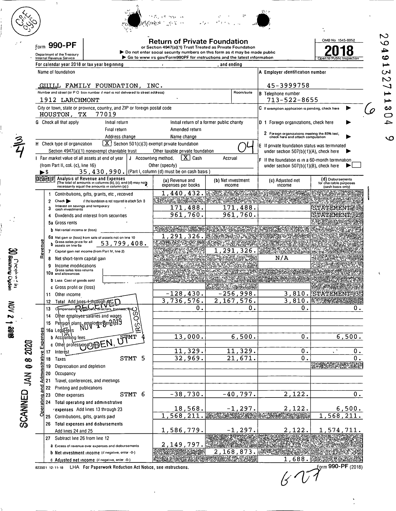 Image of first page of 2018 Form 990PF for Guill Family Foundation