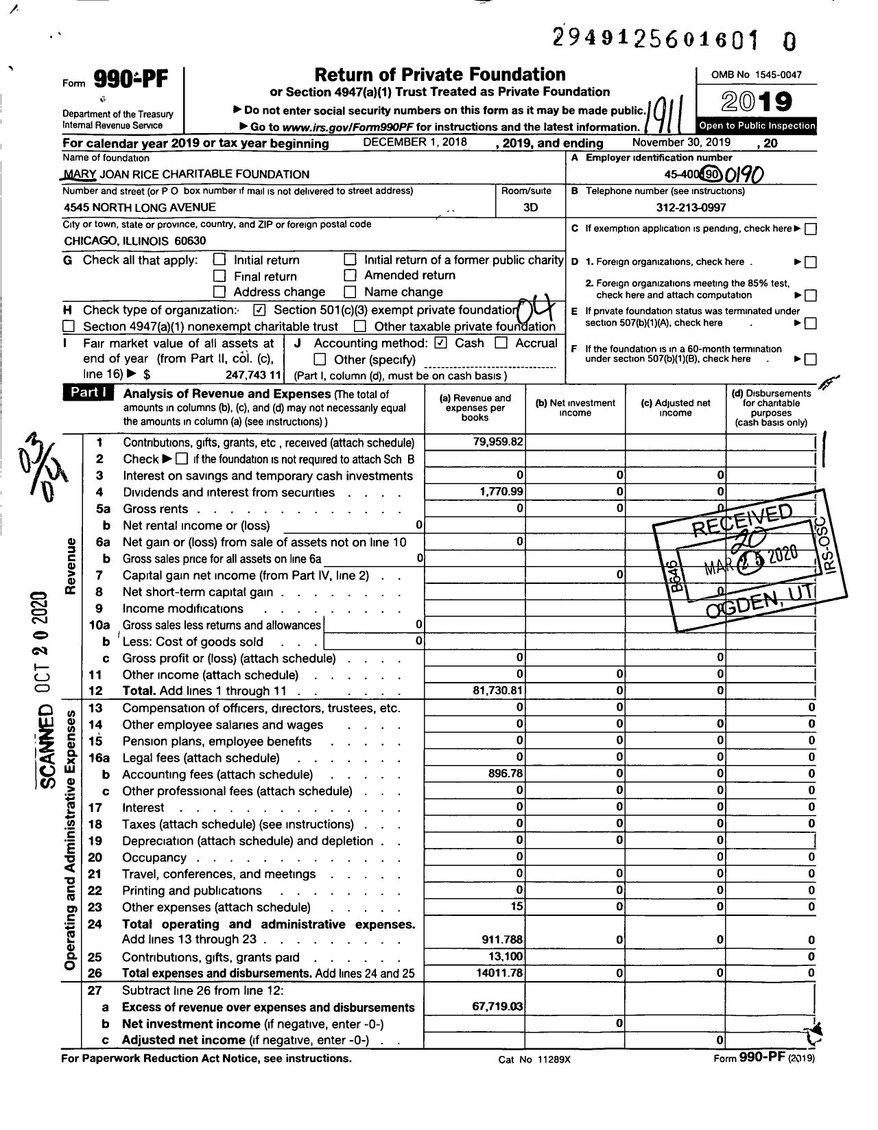 Image of first page of 2018 Form 990PR for Mary Joan Rice Charitable Foundation