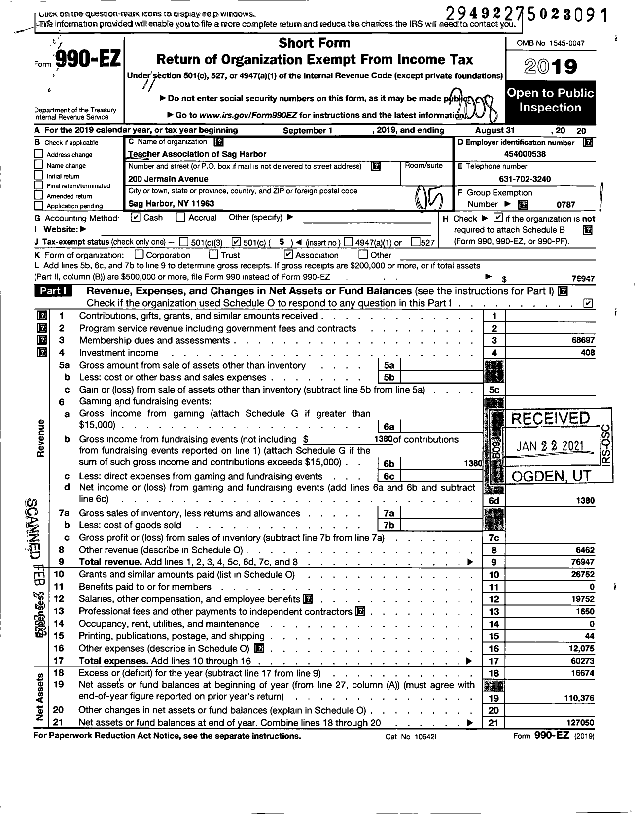 Image of first page of 2019 Form 990EO for American Federation of Teachers - 2924 Teachers Assn of Sag Harbor