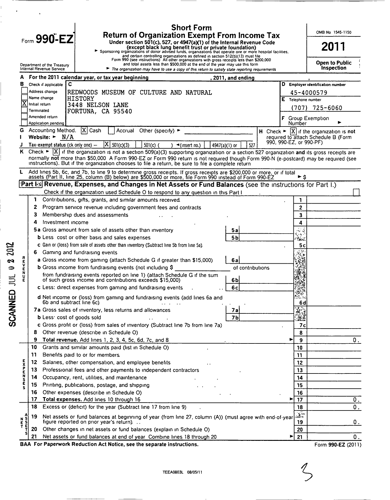 Image of first page of 2011 Form 990EZ for Redwoods Museum of Culture and Natural History