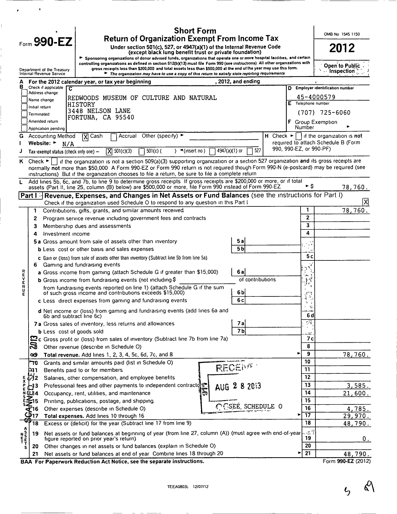 Image of first page of 2012 Form 990EZ for Redwoods Museum of Culture and Natural History