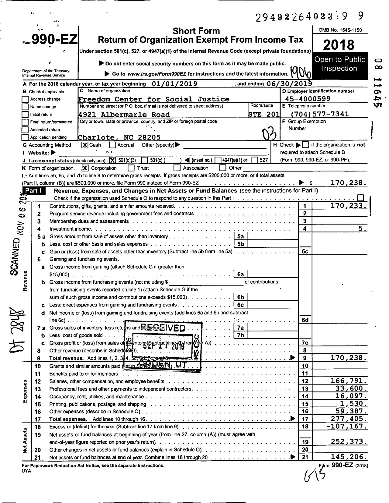 Image of first page of 2018 Form 990EZ for Freedom Center for Social Justice