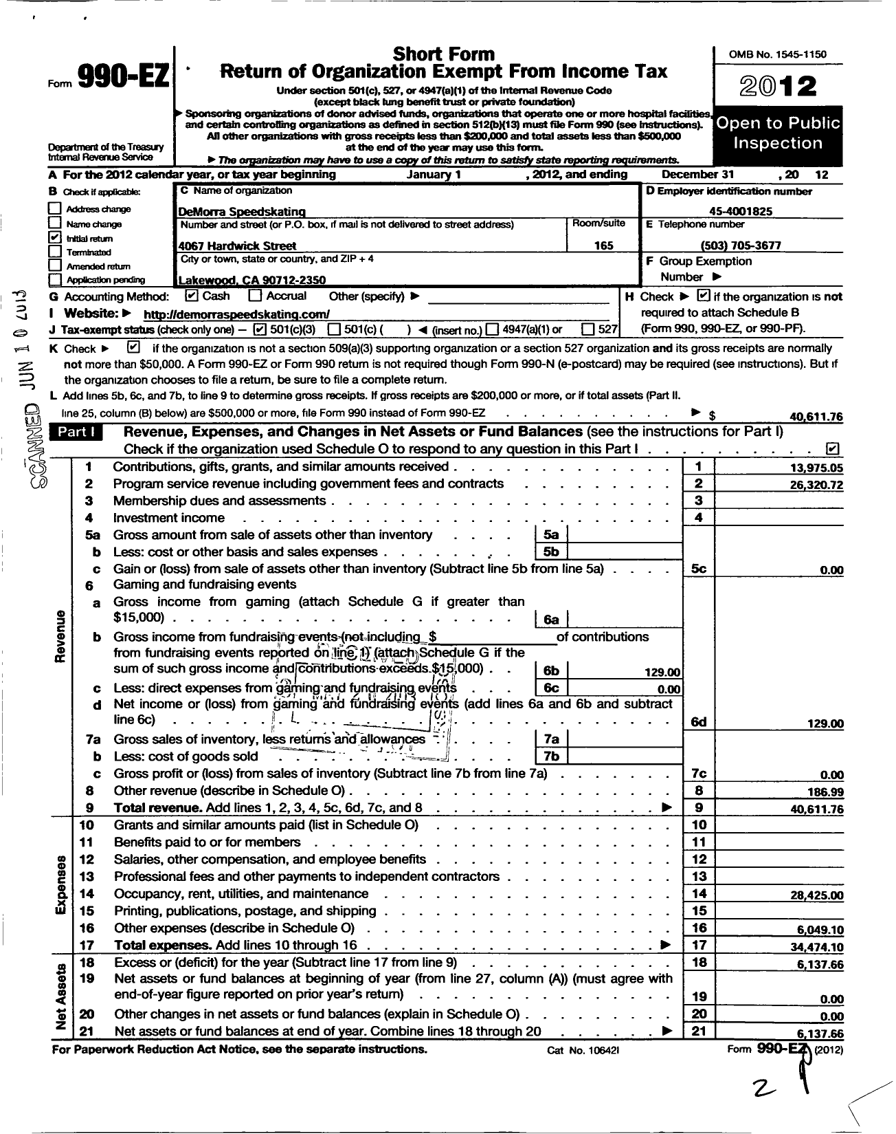 Image of first page of 2012 Form 990EZ for Demorra Speedskating