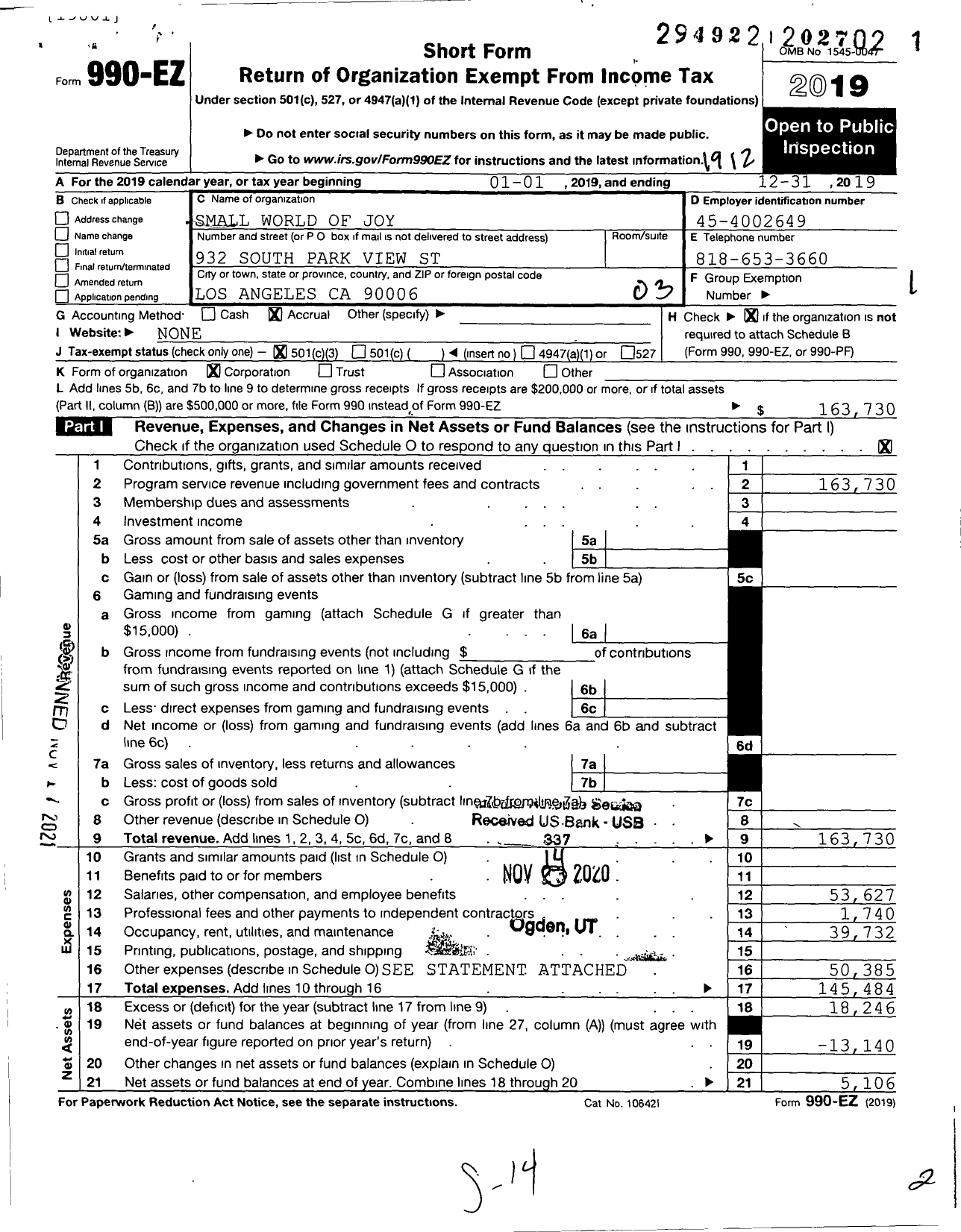 Image of first page of 2019 Form 990EZ for Small World of Joy