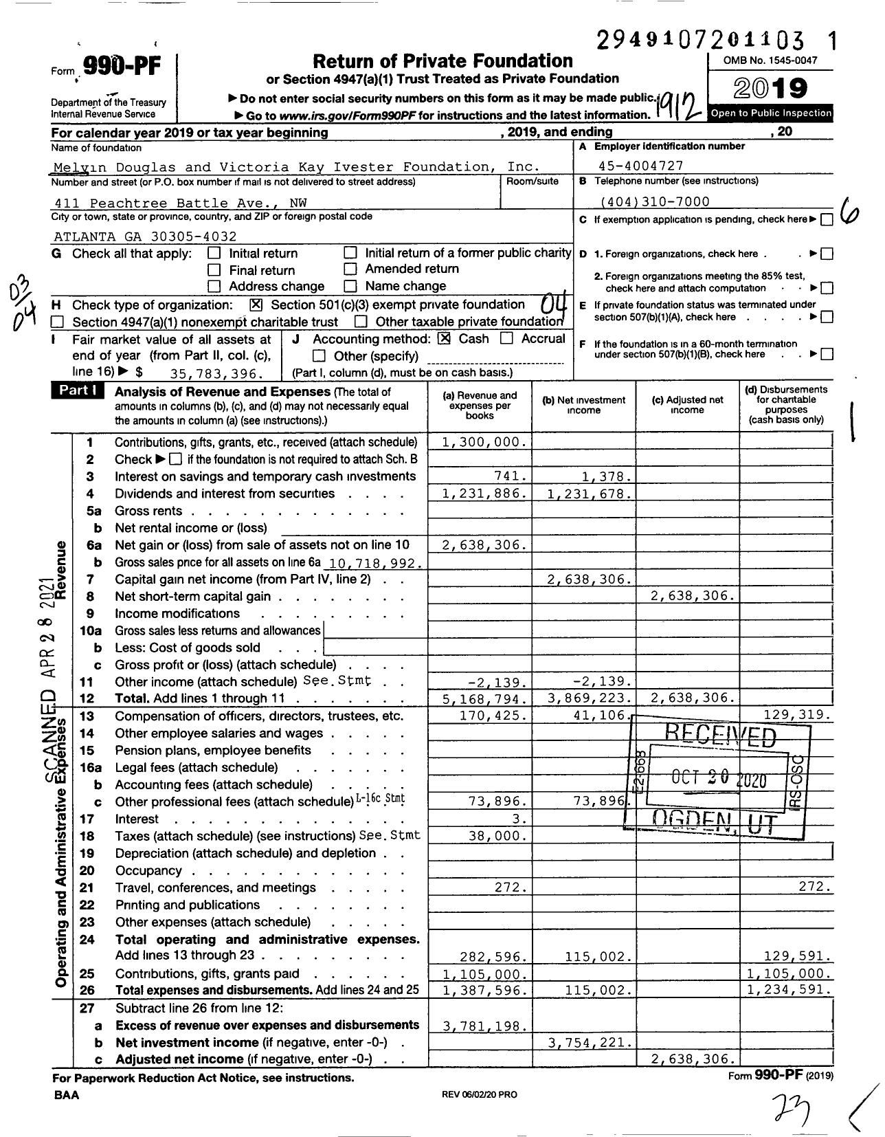 Image of first page of 2019 Form 990PF for Melvin Douglas and Victoria Kay Ivester Foundation