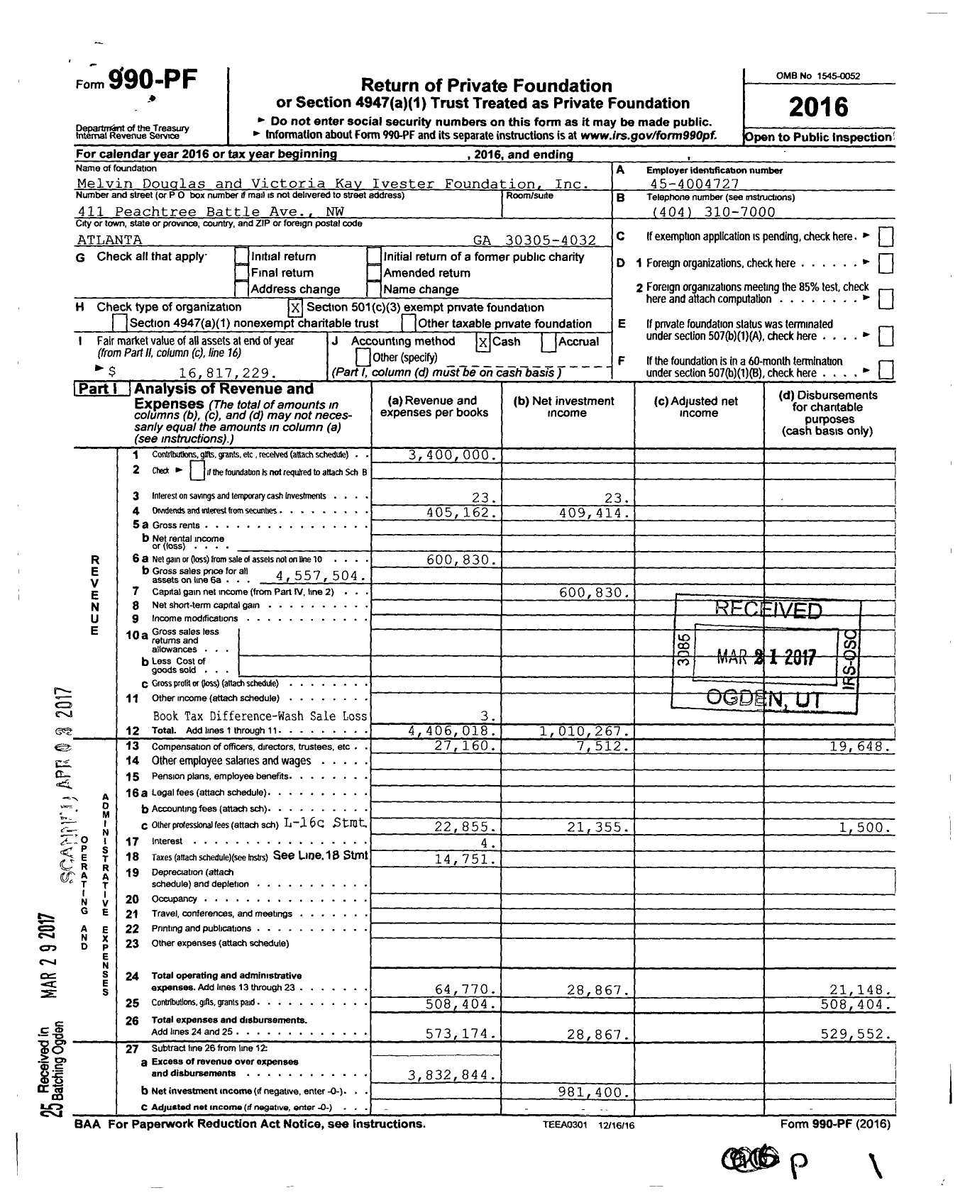 Image of first page of 2016 Form 990PF for Melvin Douglas and Victoria Kay Ivester Foundation