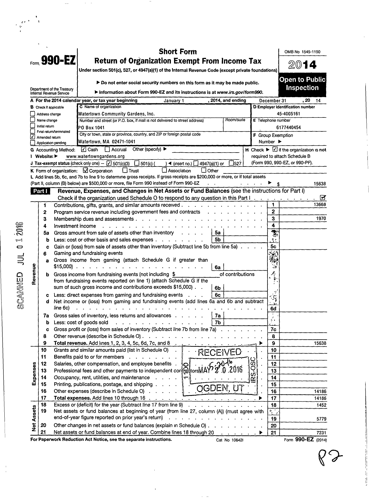 Image of first page of 2014 Form 990EZ for Watertown Community Gardens