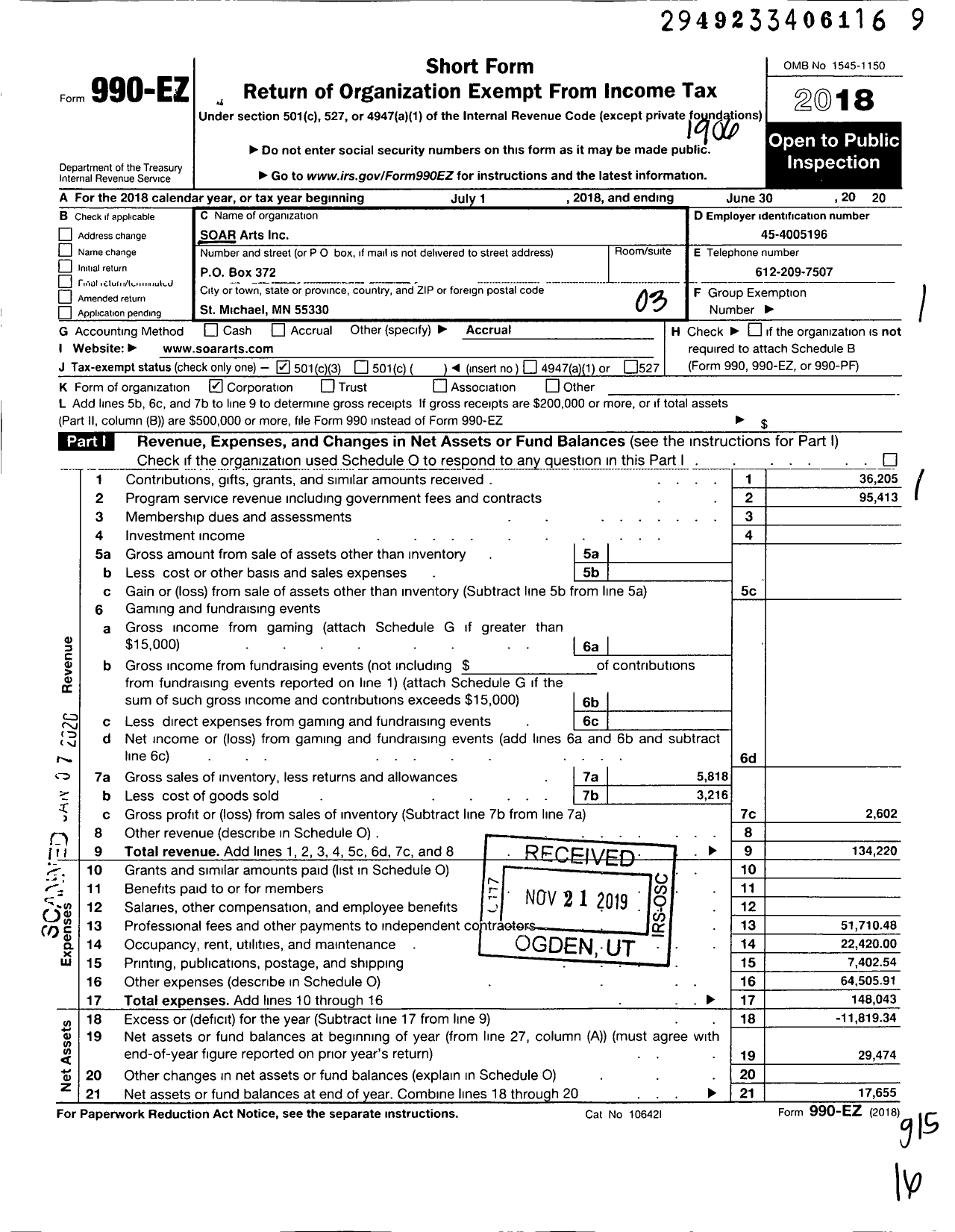 Image of first page of 2018 Form 990EZ for SOAR Regional Arts