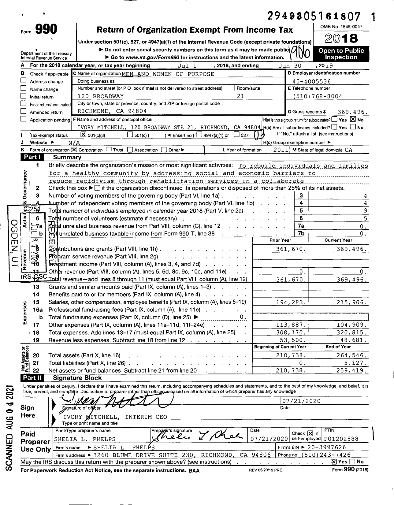 Image of first page of 2018 Form 990 for Men and Women of Purpose