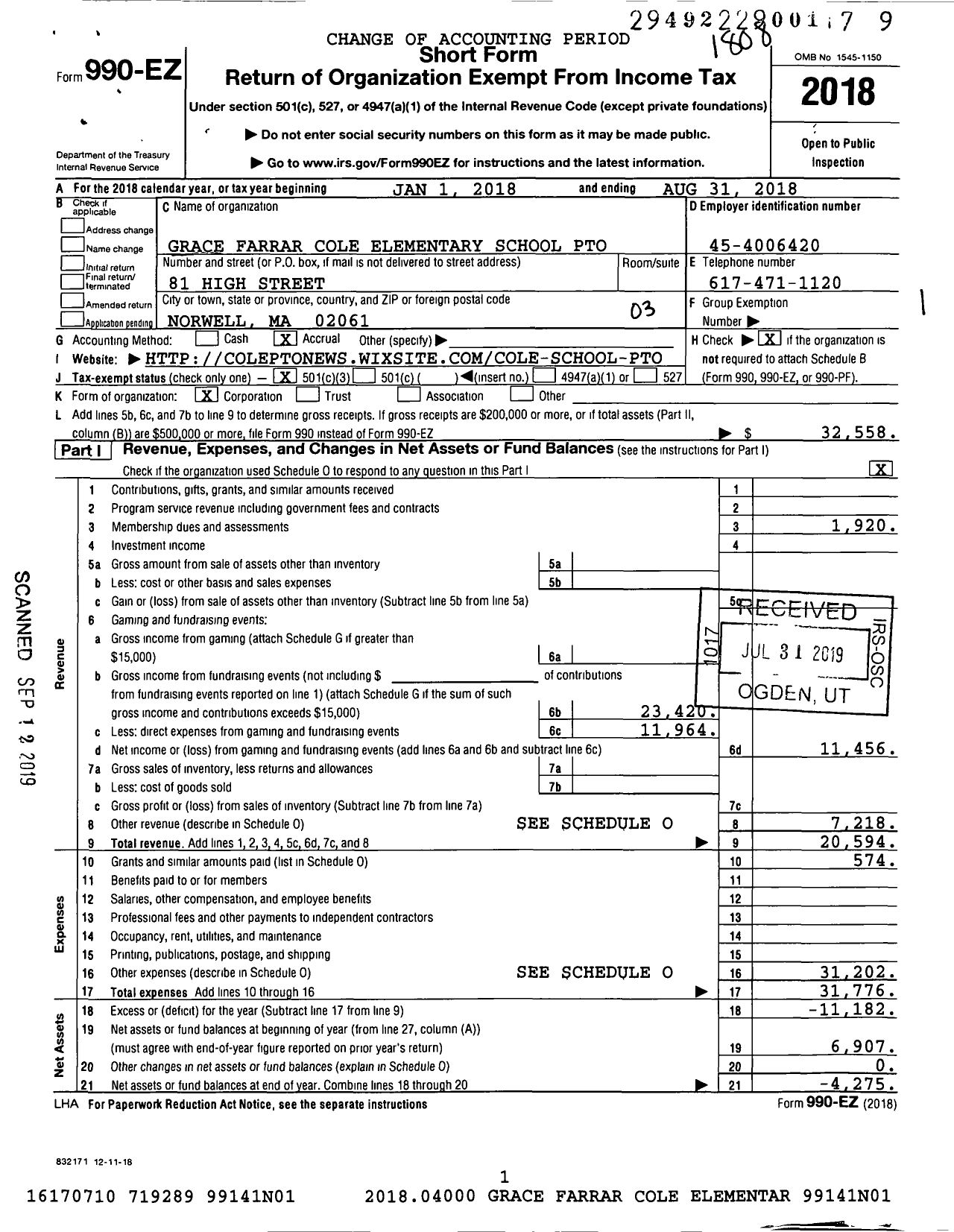 Image of first page of 2017 Form 990EZ for Grace Farrar Cole Elementary School Pto