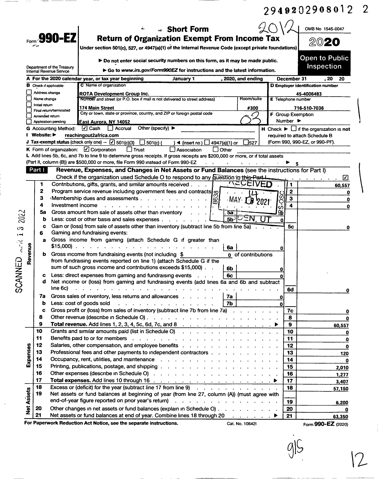 Image of first page of 2020 Form 990EZ for Rota Development Group