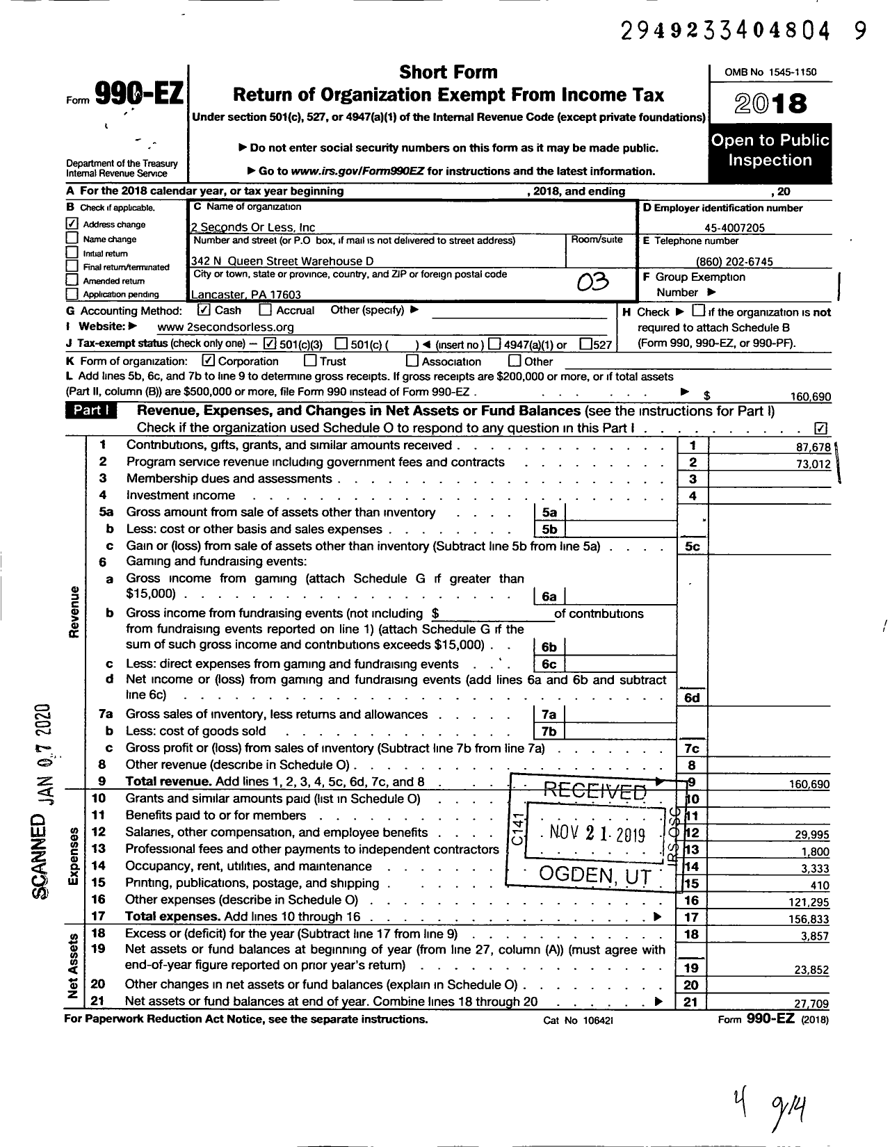 Image of first page of 2018 Form 990EZ for 2 Seconds Or Less