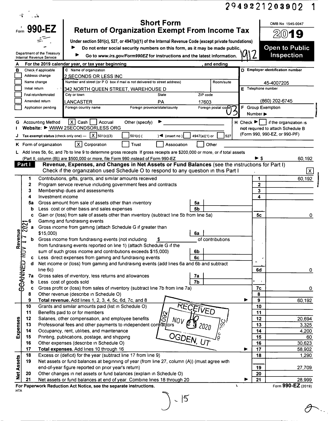 Image of first page of 2019 Form 990EZ for 2 Seconds Or Less