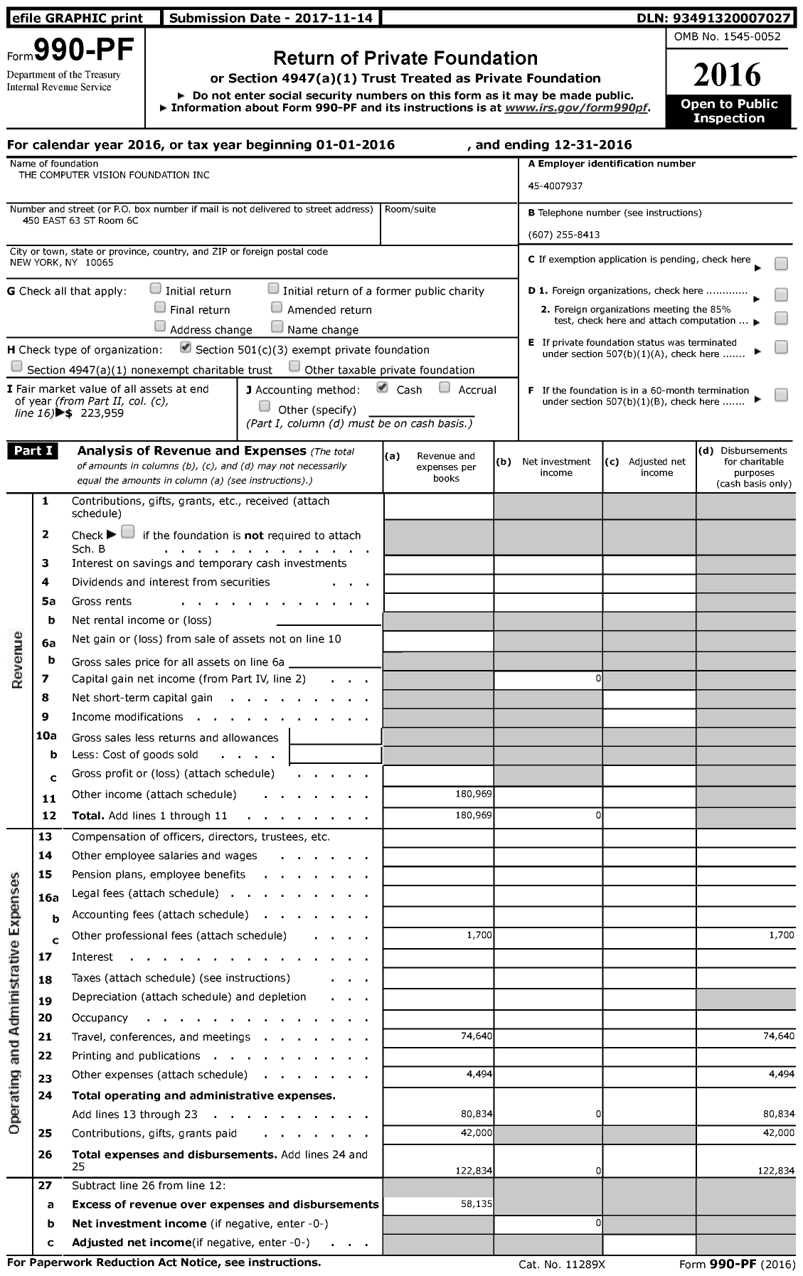 Image of first page of 2016 Form 990PF for The Computer Vision Foundation