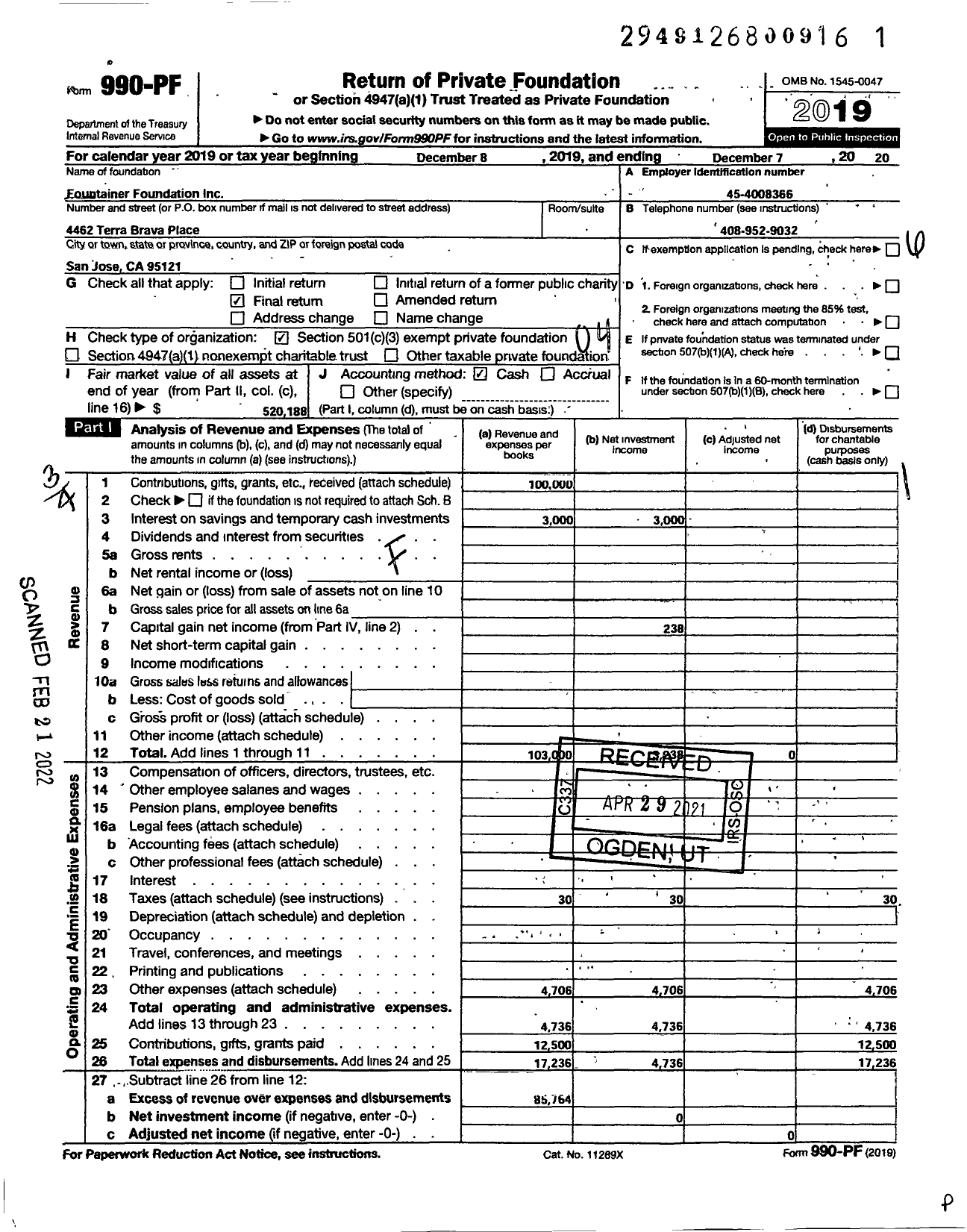 Image of first page of 2020 Form 990PF for Fountainer Foundation