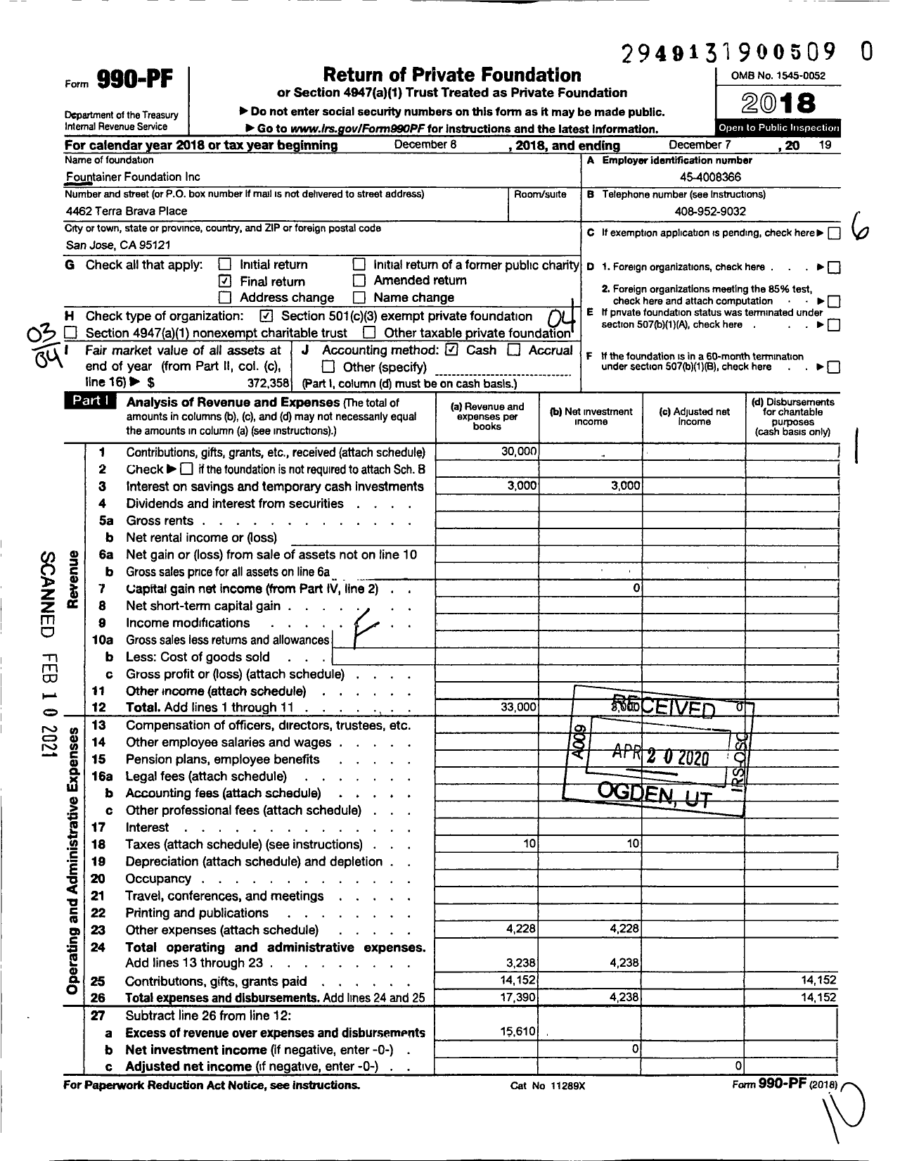 Image of first page of 2019 Form 990PF for Fountainer Foundation