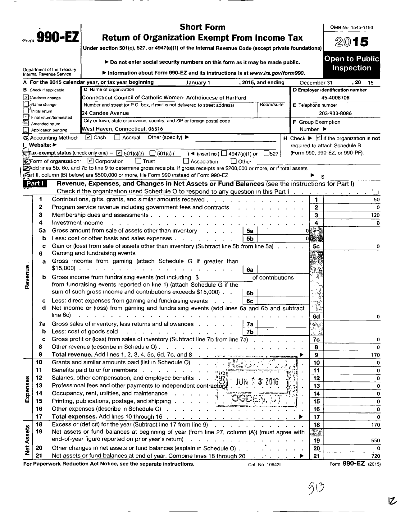 Image of first page of 2015 Form 990EZ for Connecticut Council of Catholic Women Archdiocese of Hartford