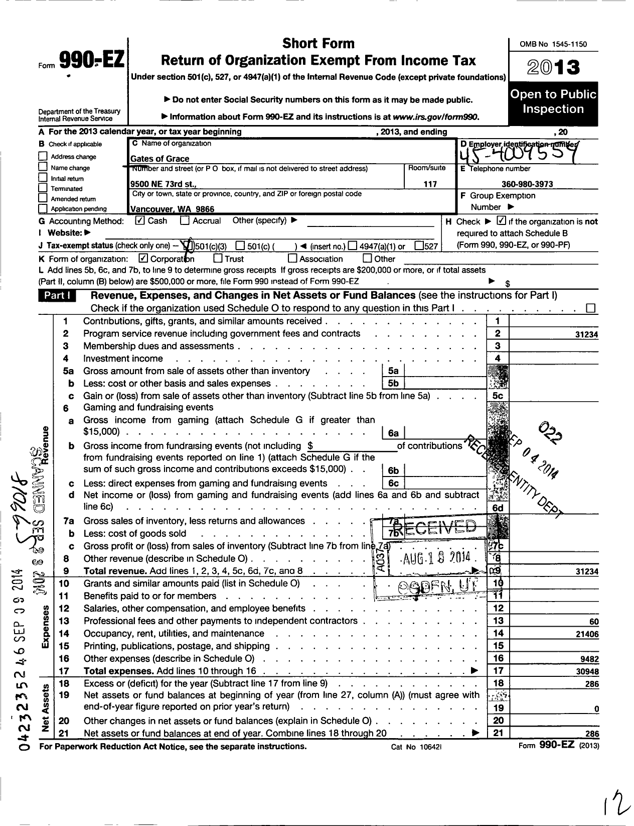 Image of first page of 2013 Form 990EZ for Gates of Grace